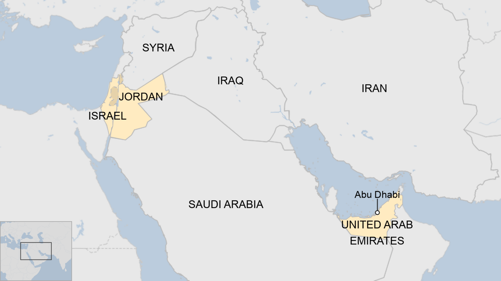 Map showing locations of Israel, Jordan and the UAE