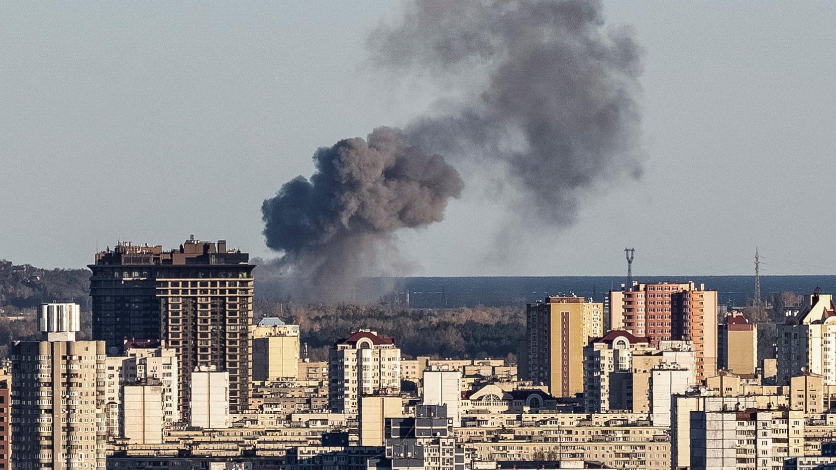 Smoke rises on the outskirts of Kyiv during a Russian missile attack