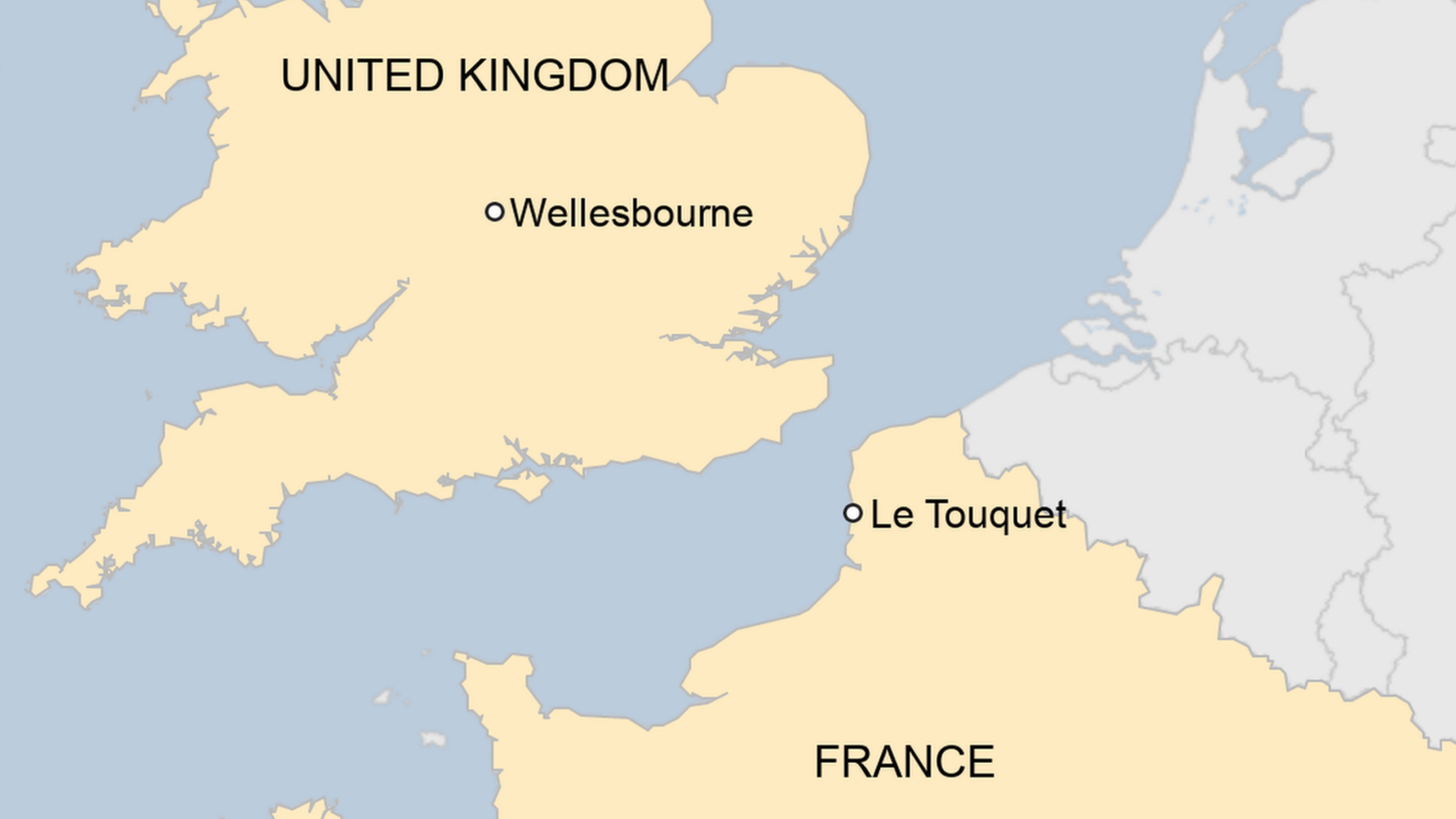 Map showing Le Touquet and Wellesbourne