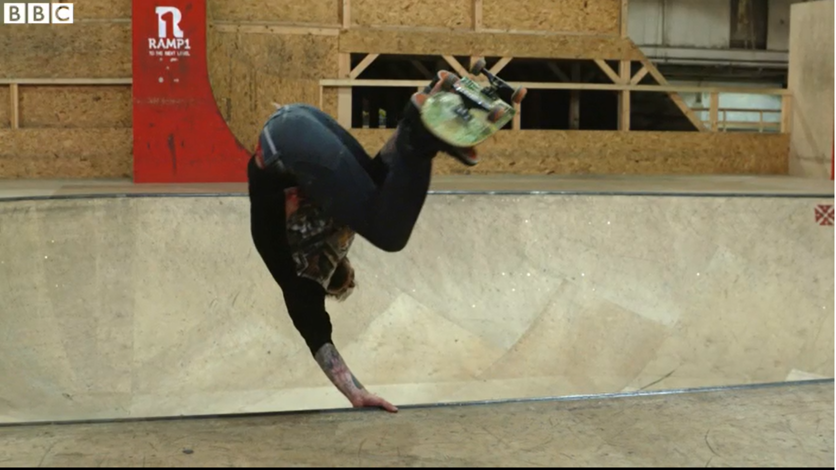 Someone performing a skateboard trick