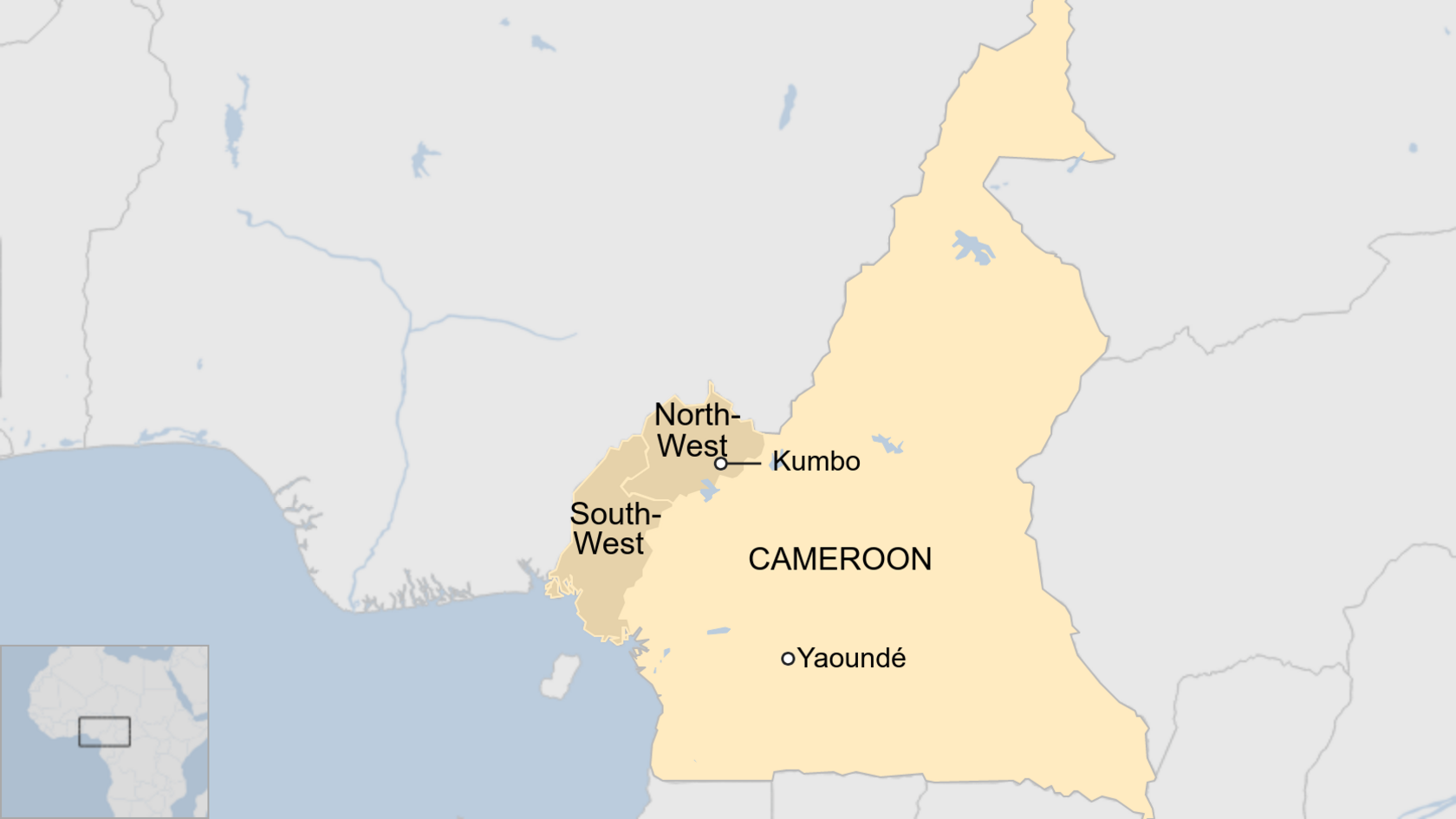 A map showing the location of Kumbo in Cameroon's English-speaking regions.