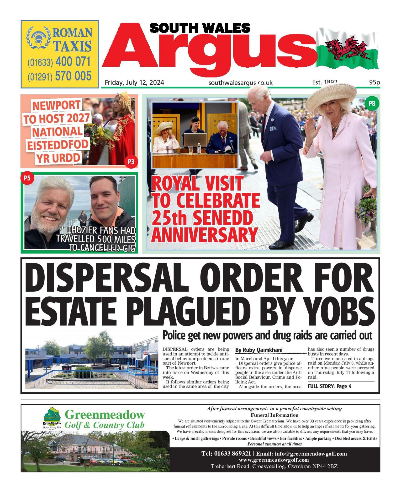 Front page of South Wales Argus, 12/7/24
