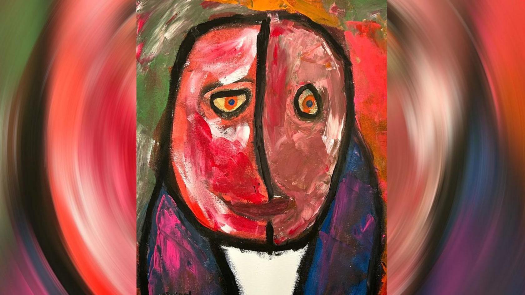 One of Alex's artworks is a picture of a person with a red face and a line down the middle. The two sides of the face are different shades of red.