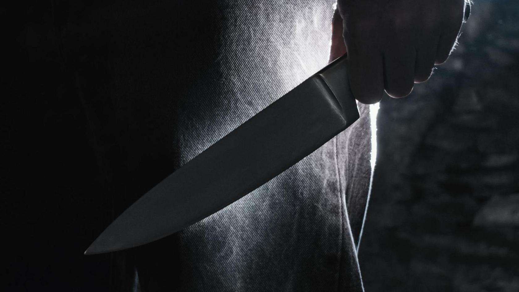 A dark image of a hand holding a knife by their leg