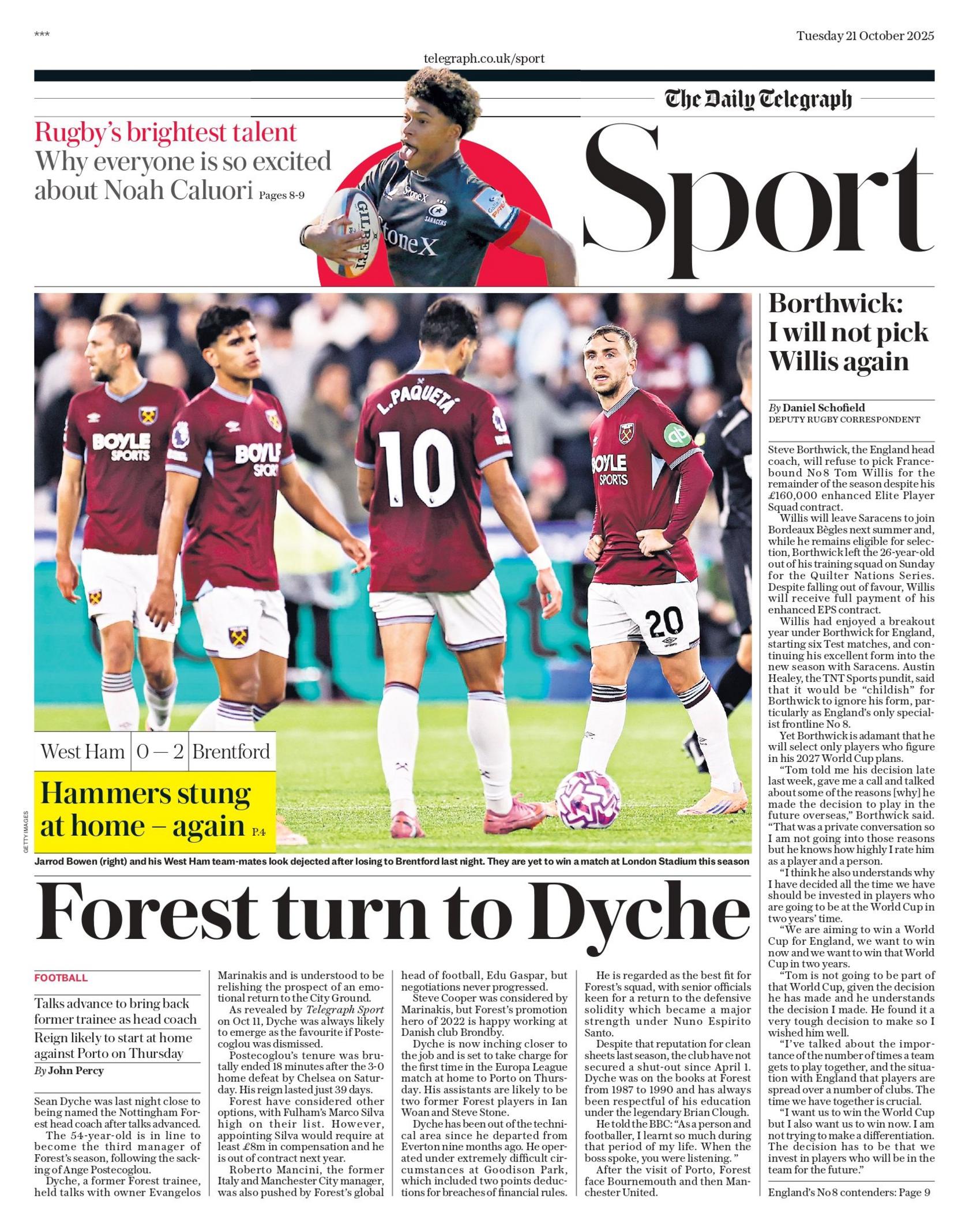 Lead sport page of the Telegraph on Tuesday
