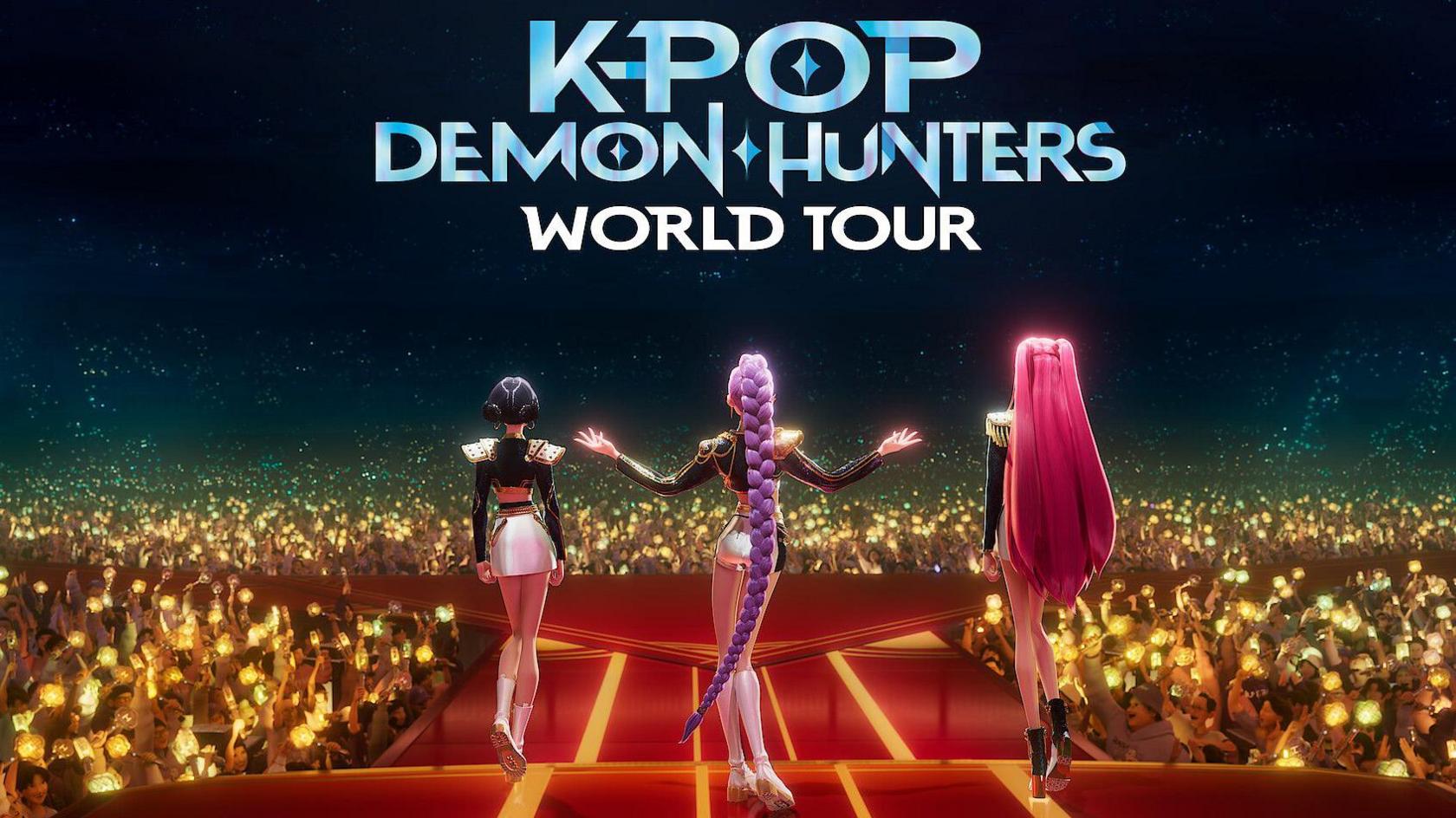 kpop demon hunters characters rumi, mira and zoey on stage.