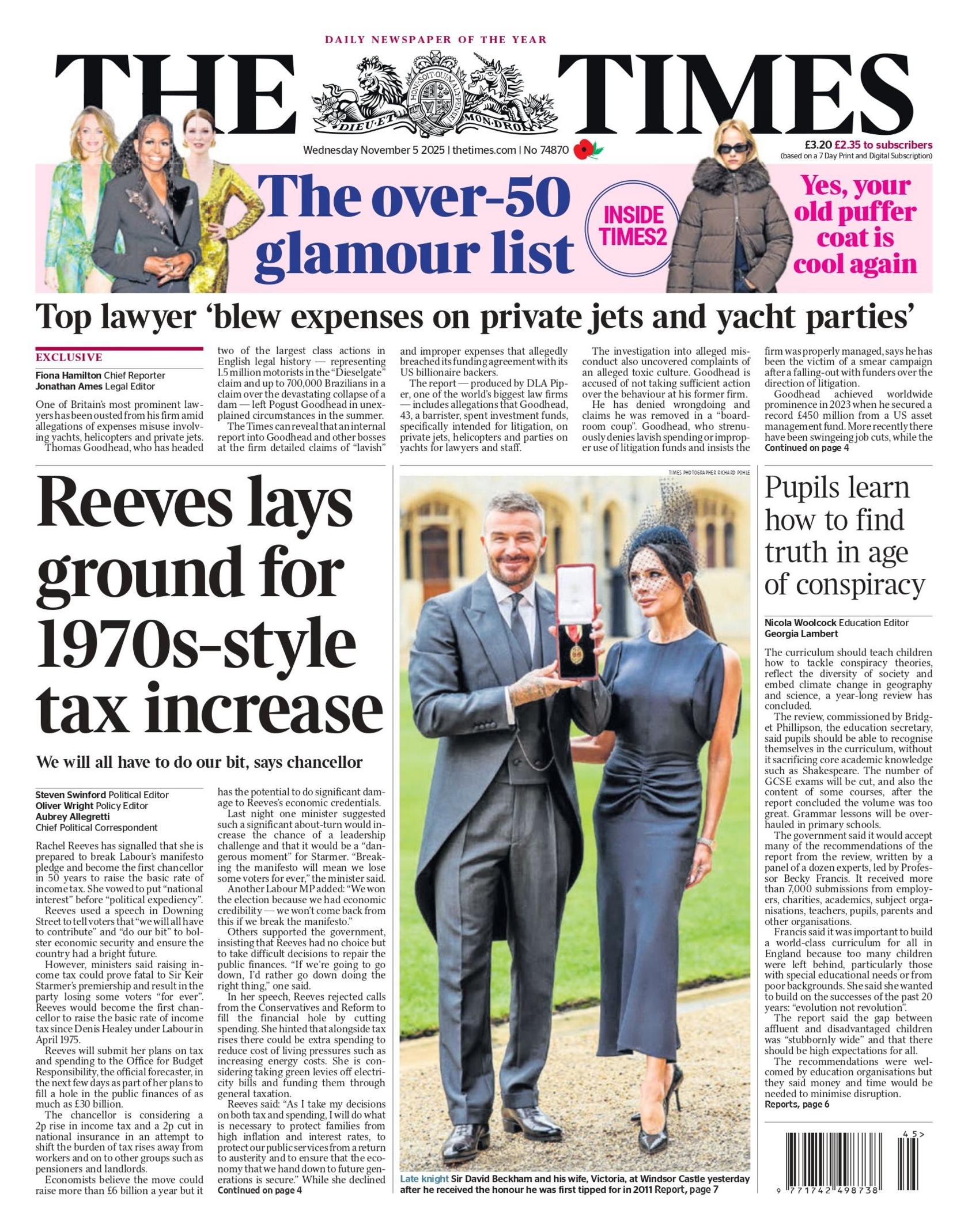 The headline on the front page of Times reads: "Reeves lays ground for 1970s-style tax increase".