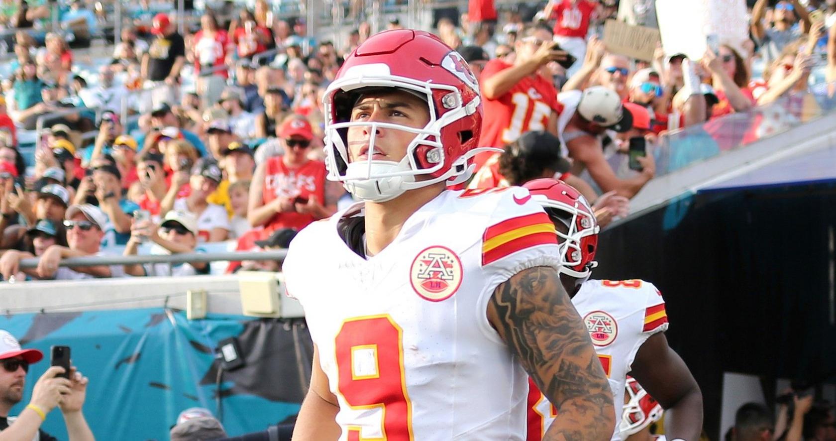 Louis Rees-Zammit enters the field before a pre-season game against the Jacksonville Jaguars on 10 August