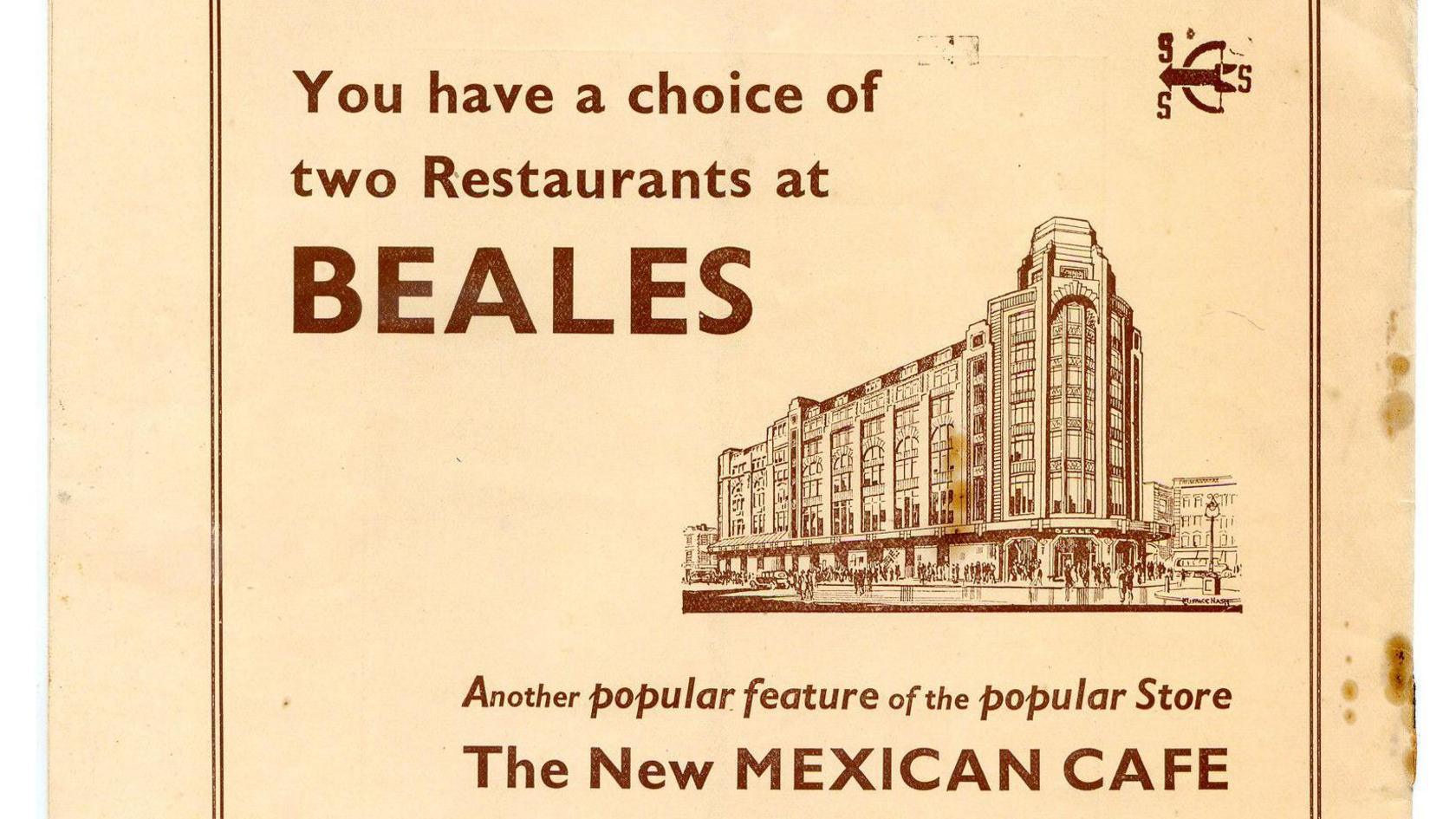 A 1930s archive advert for Beales with a picture of the store along with the text 'You have a choice of two restaurants at Beales'