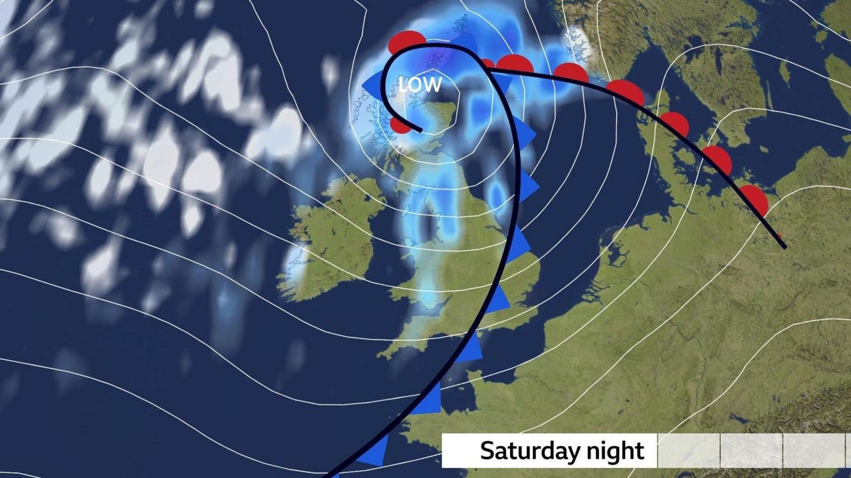 A pressure chart showing a deep low and a set of weather fronts passing across the UK