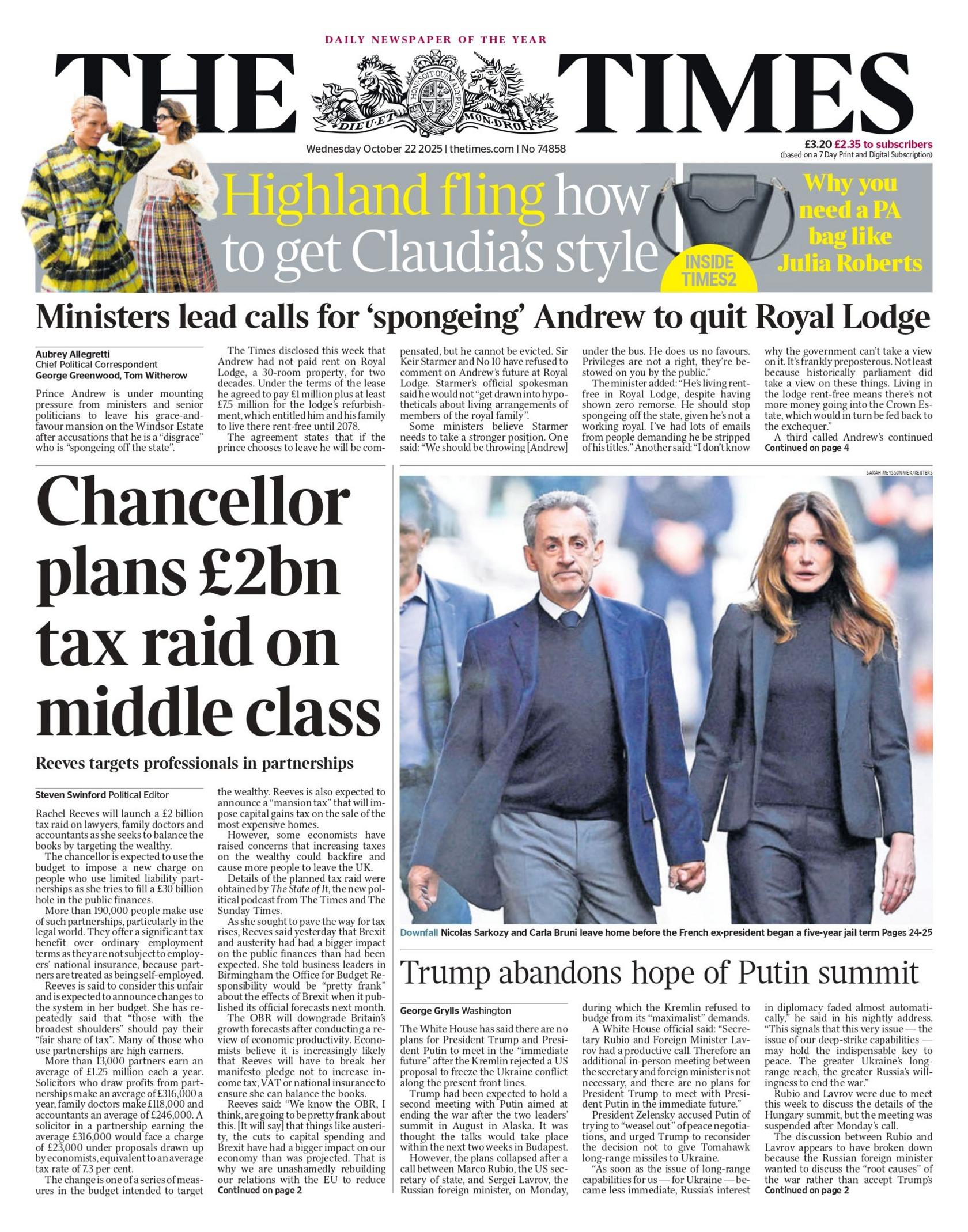 "Chancellor plans £2n tax raid on middle class" reads the headline on the front page of The Times.