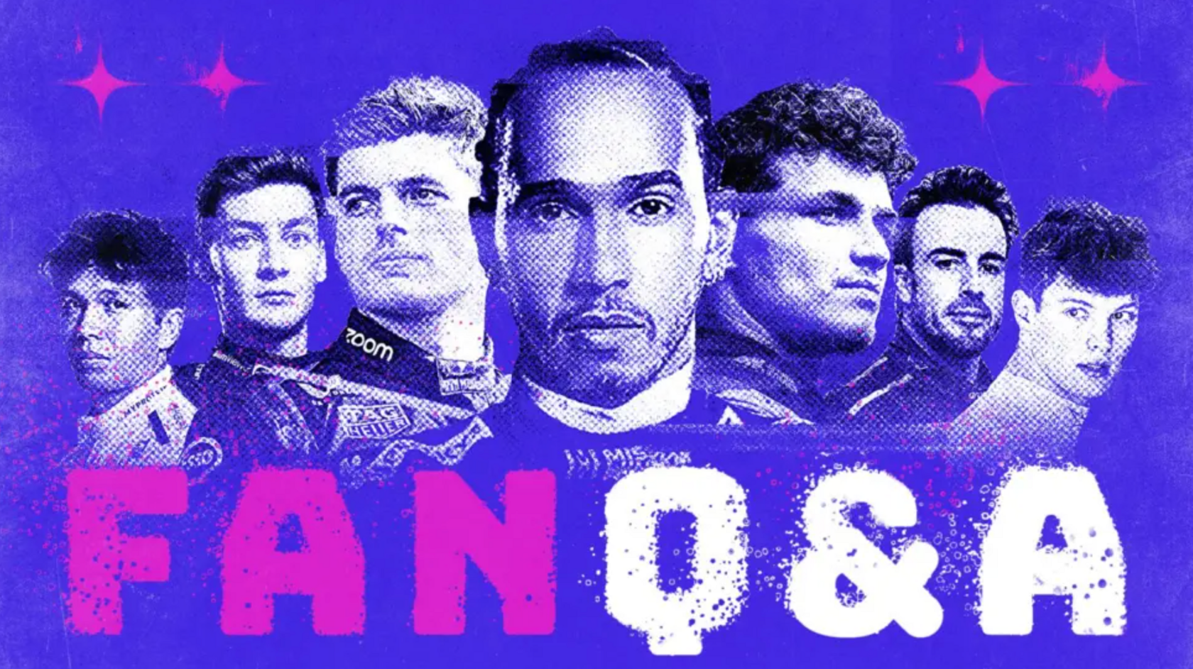 A graphic of, from left to right, Alex Albon, George Russell, Max Verstappen, Lewis Hamilton, Lando Norris, Fernando Alonso and Oliver Bearman. It is on a blue background with 'Fan Q&A' below the drivers