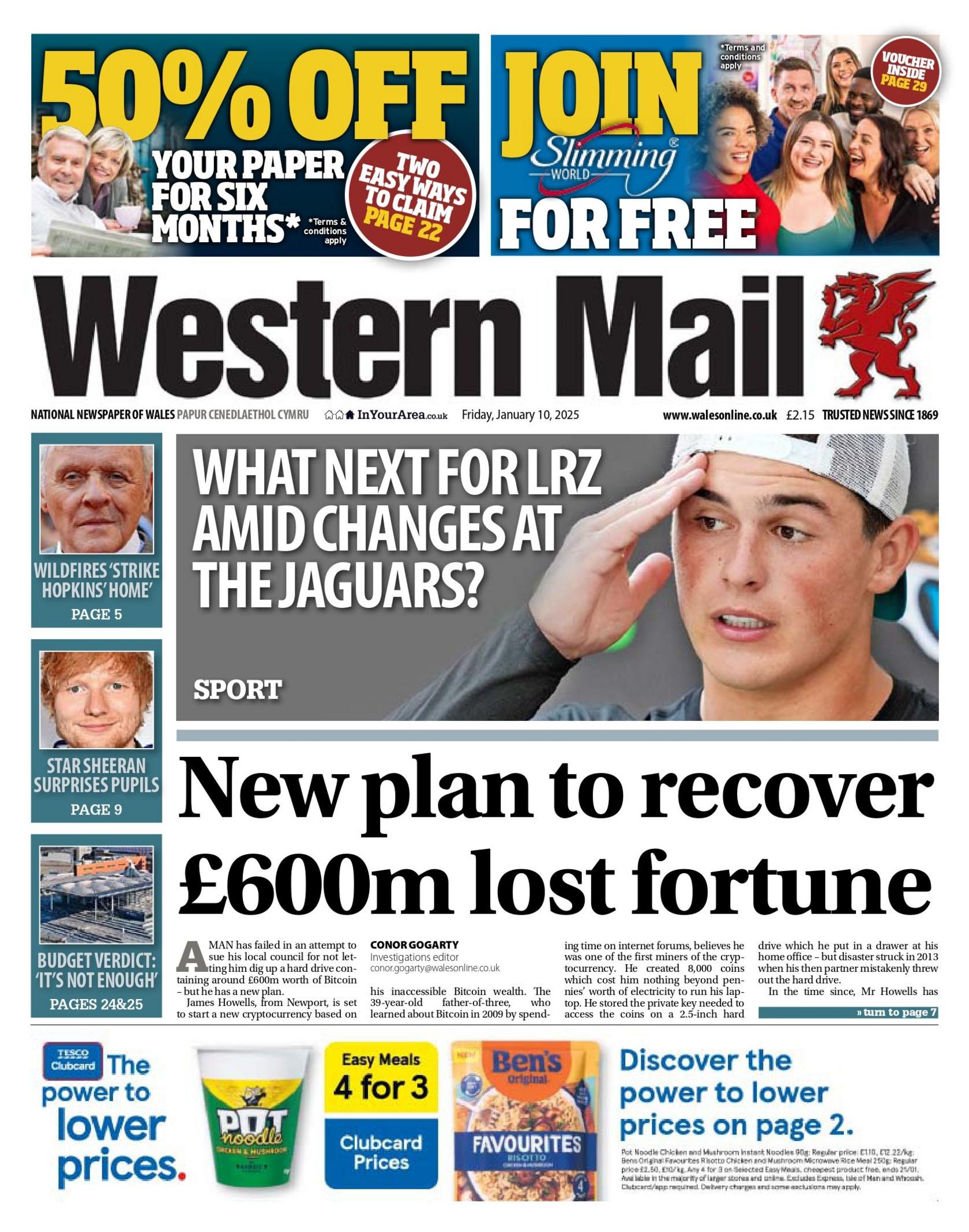 Front page of the Western Mail