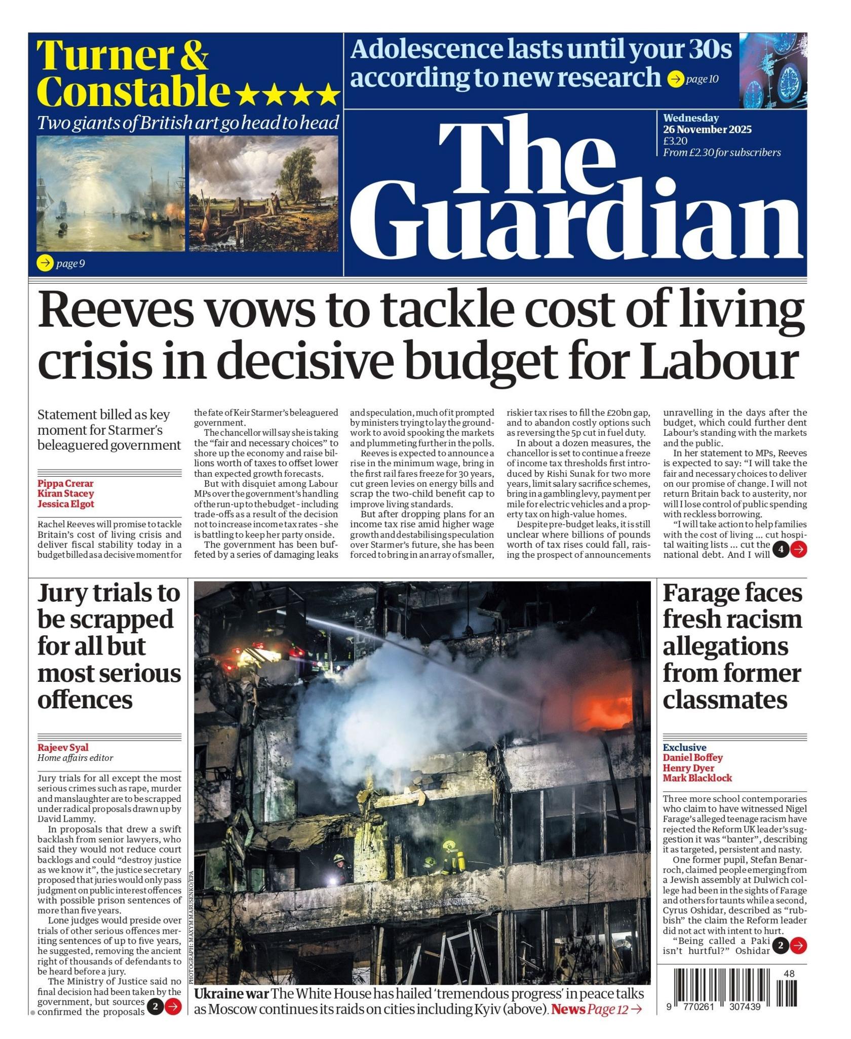 "Reeves vows to tackle cost of living crisis in decisive budget for Labour," reads the headline on the front page of the Guardian.
