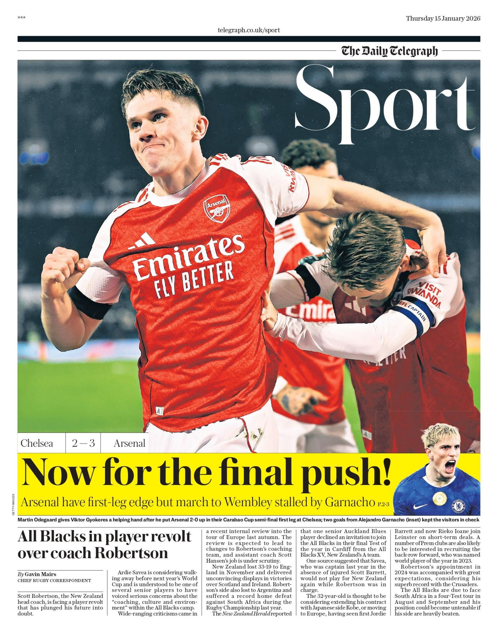 Thursday's Telegraph back page