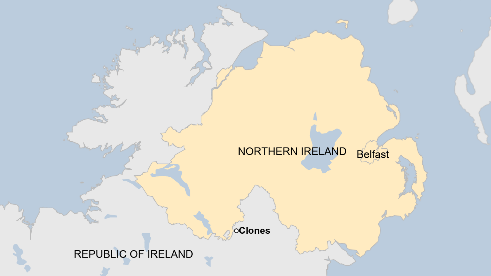 Map showing Clones, Belfast and the Irish border