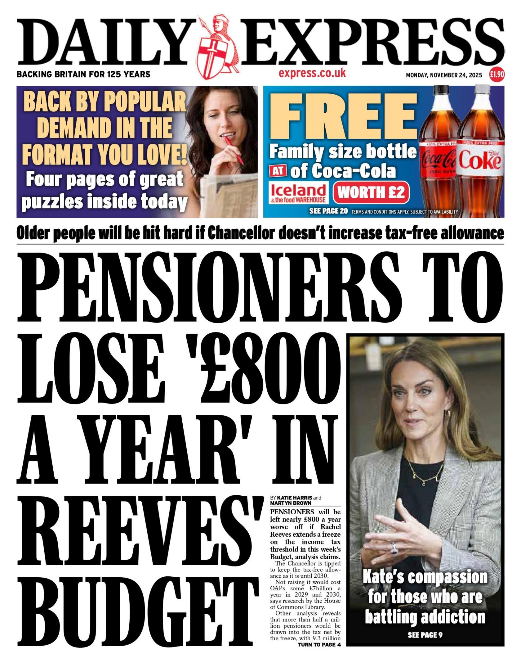 "Pensioners to lose £800 a year in Reeves' Budget," reads the headline on the front page of the Daily Express.