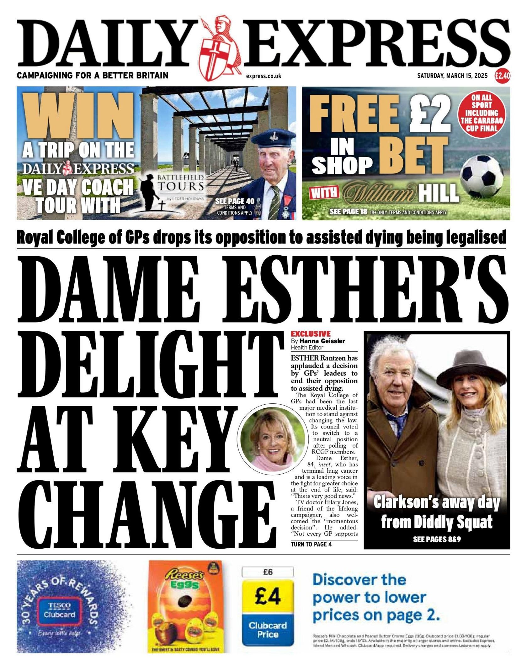 Dame Esther's delight at key change, reads the Daily Express 