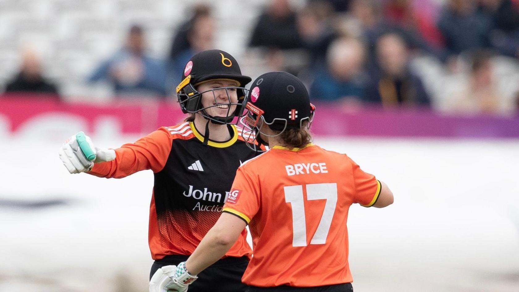 Sarah Bryce and sister Kathryn celebrate The Blaze beating Sunrisers at Lord's