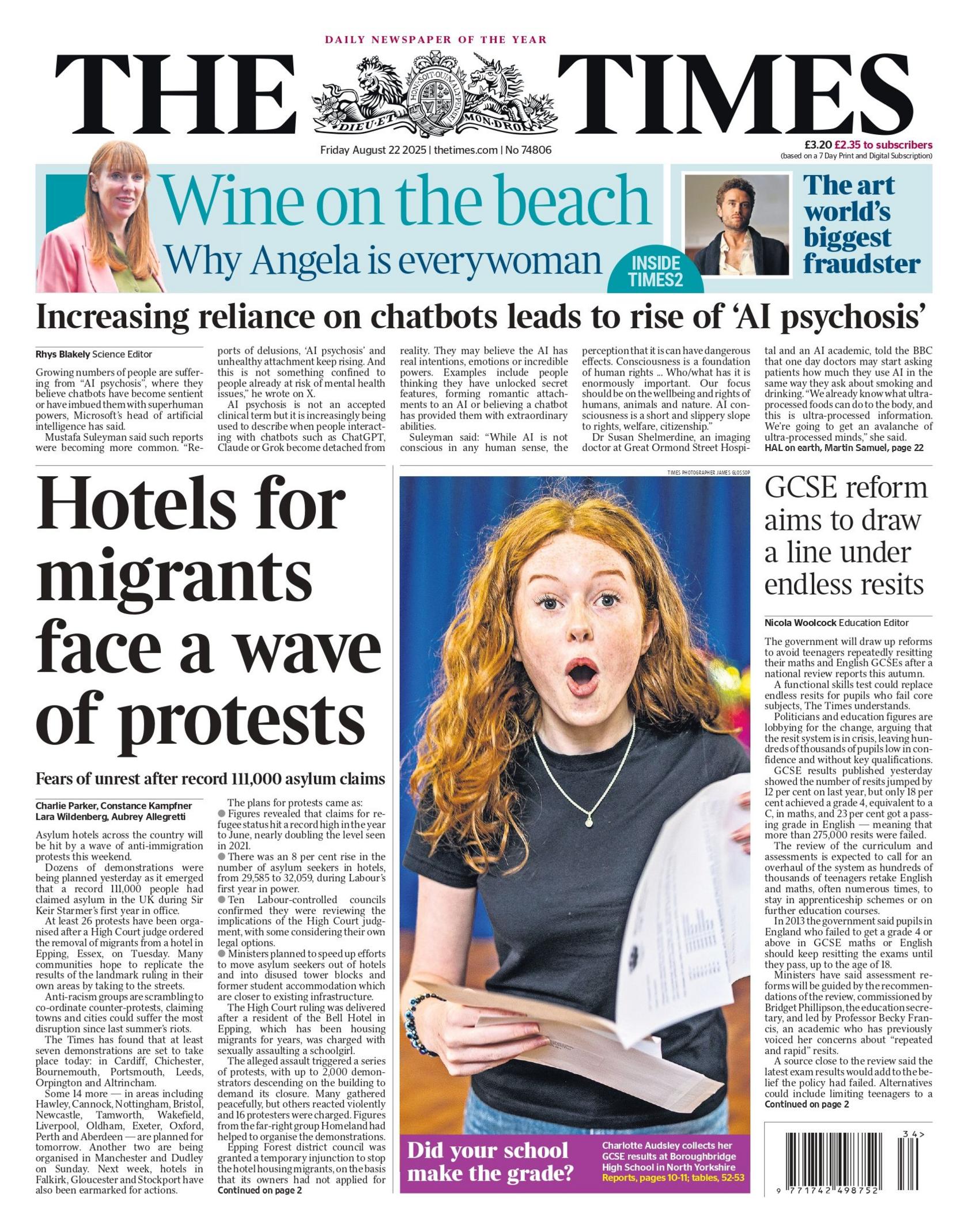 "Hotels for migrants face a wave of protests" reads the headline on the front page of The Times.