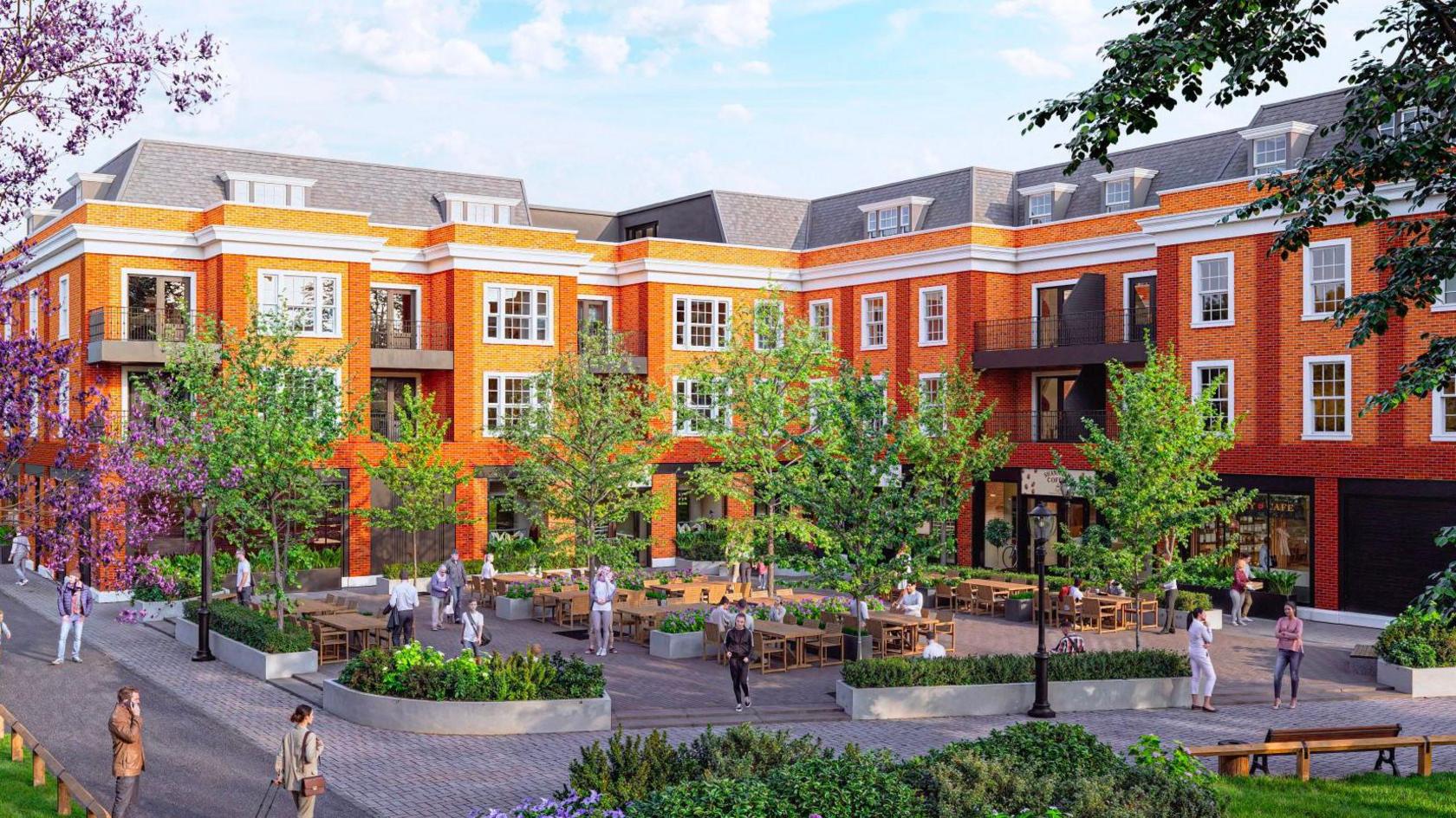 A CGI-generated image of the flats project around a plaza, with trees and people milling around it.