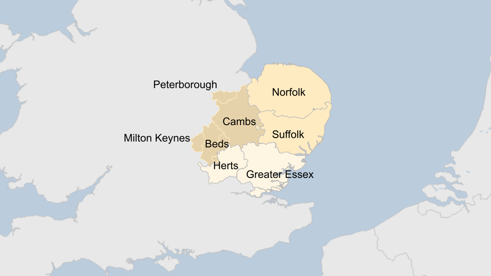 A map of the East of England splitting the counties into three groups. One group features Norfolk and Suffolk. A second group features Bedfordshire, Milton Keynes, Cambridgeshire and Peterborough. The last group combines Hertfordshire with Greater Essex.