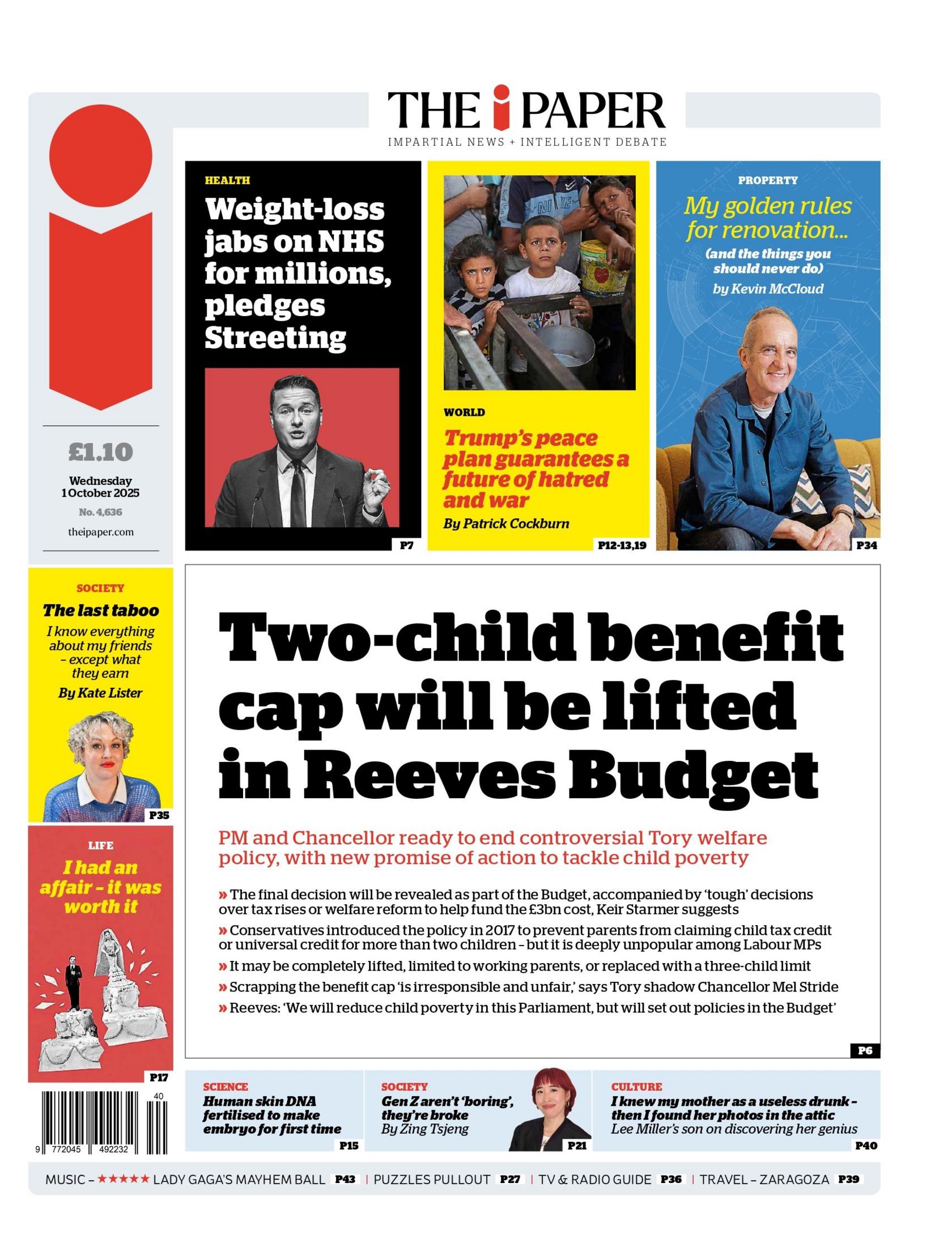The headline on the front page of the i Paper reads: "Two-child benefit cap will be lifted in Reeves budget". 