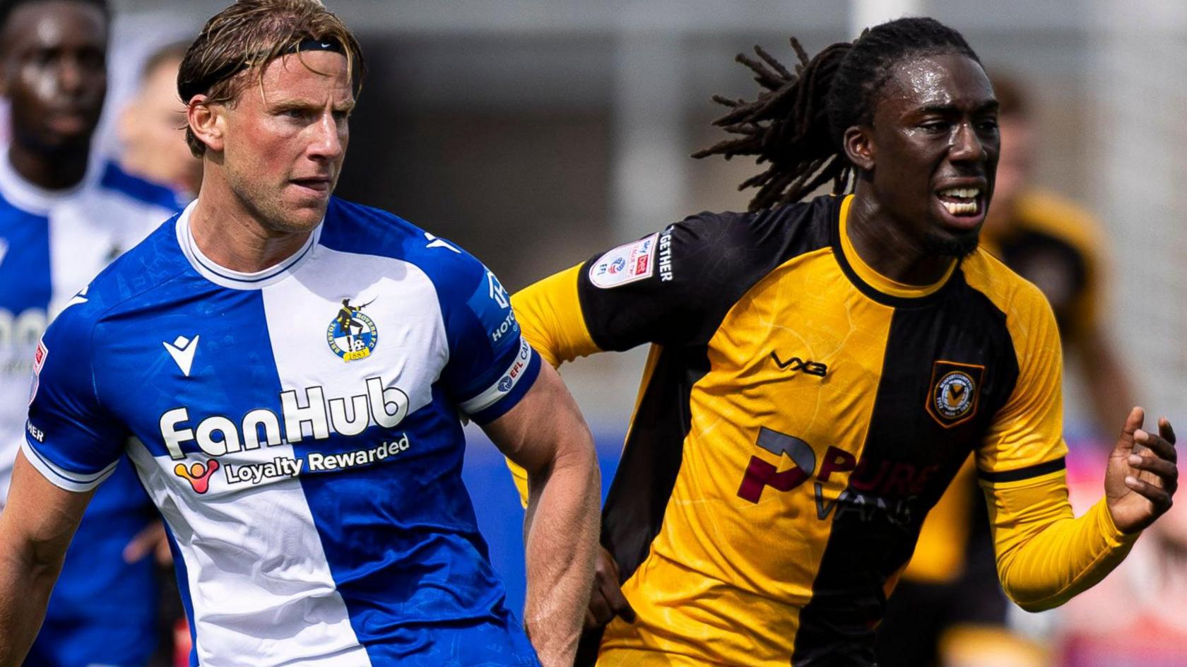 Alfie Kilgour of Bristol Rovers in action against Michael Reindorf of Newport County