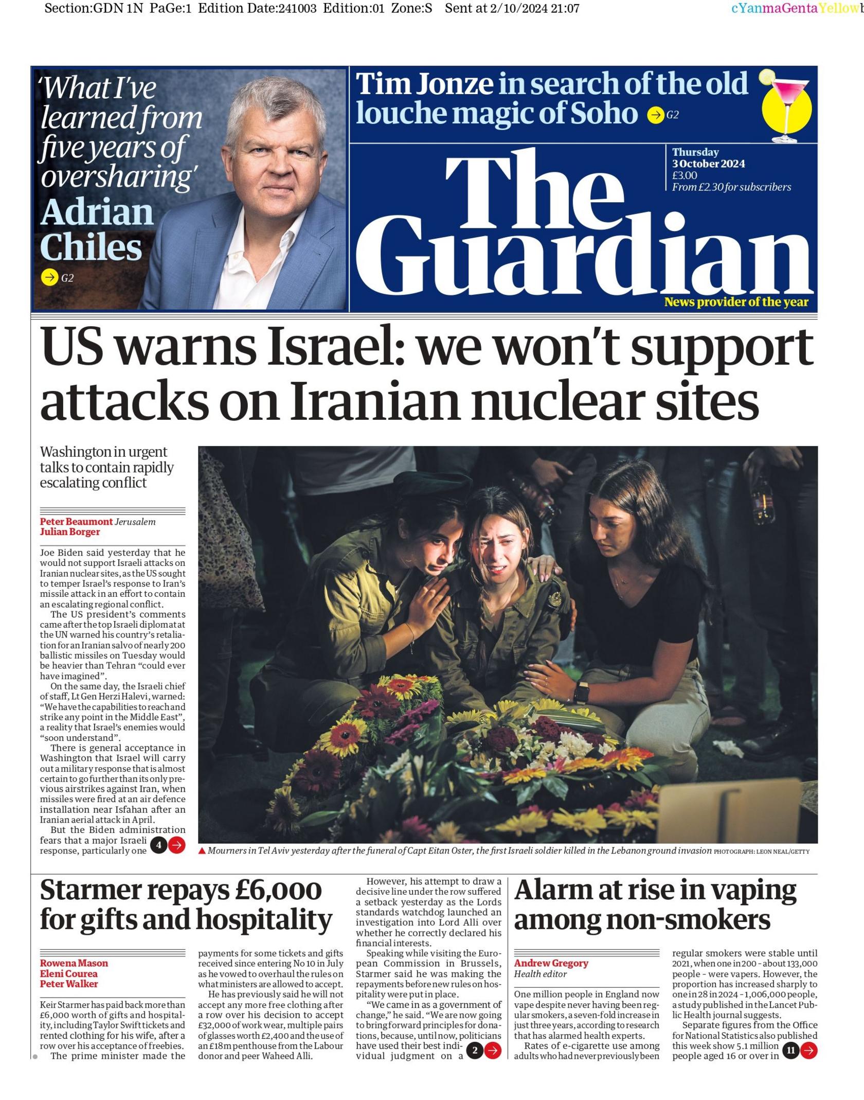 The Guardian front page for 3 October  