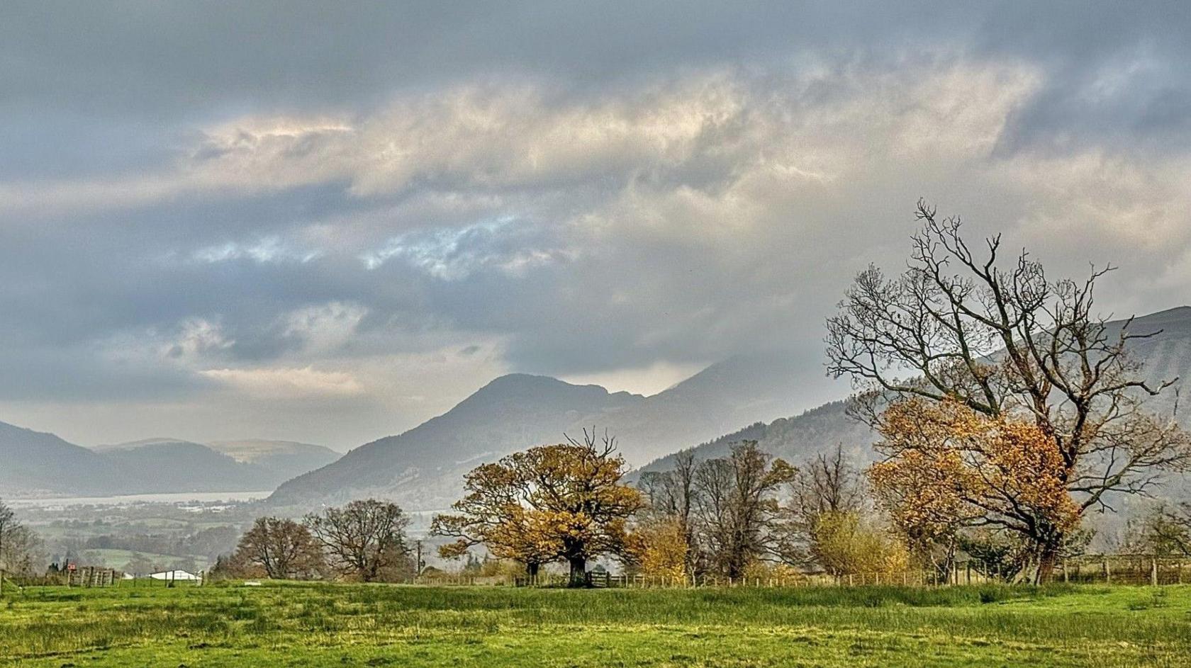 A gloomy and wet landscape near Keswick. There are bare trees with a few beige leaves on them with the silhouette of black fells in the background and large rain clouds.