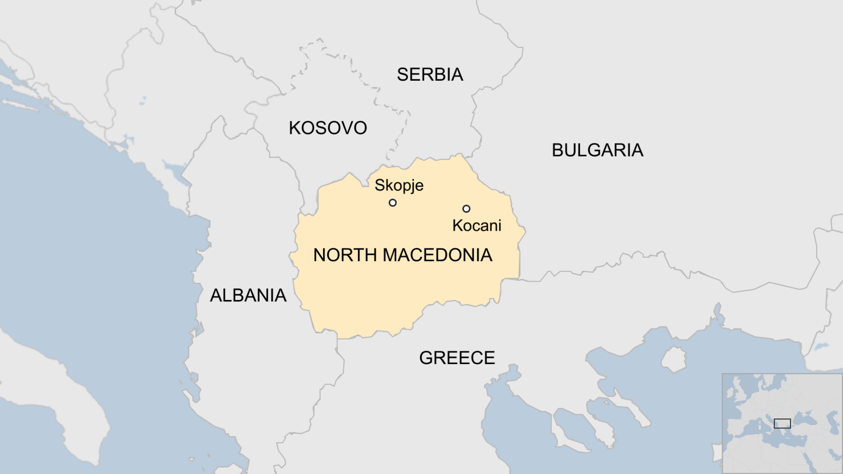 Map showing North Macedonia in relation to other the countries it borders, including Albania, Greece and Bulgaria.