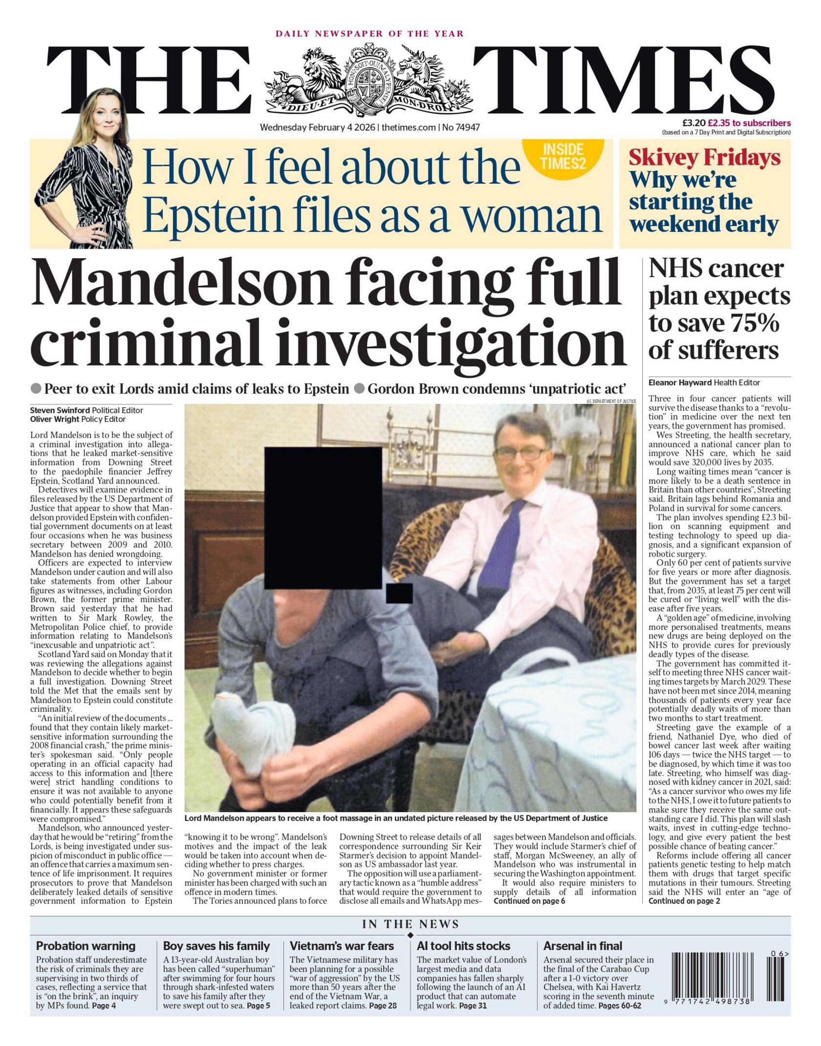 "Mandelson përballet me hetim të plotë penal", thuhet në titullin kryesor në faqen e parë të gazetës Times.