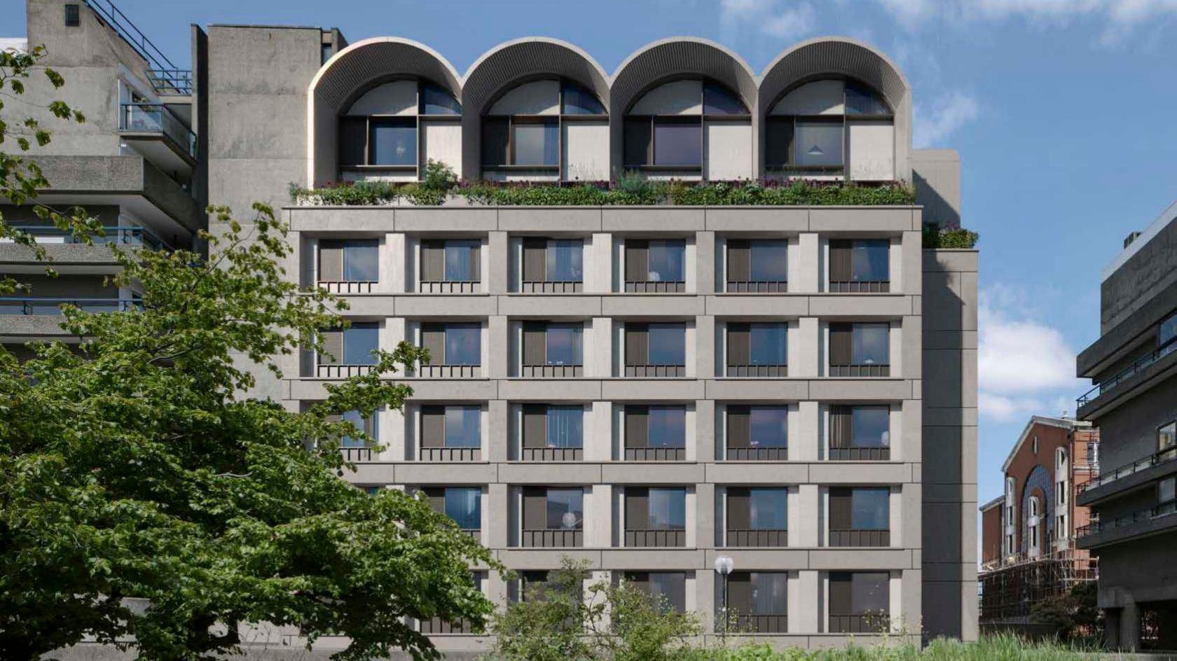 A computer-generated image of apartment windows in the building, with those on the top floor featuring arch details on the side elevation of the building