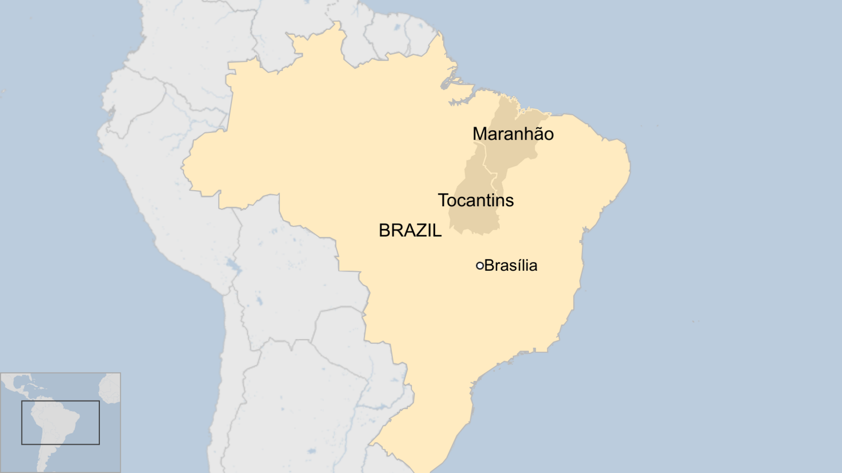 Map of Brazil showing the states of Tocantins and Maranhão