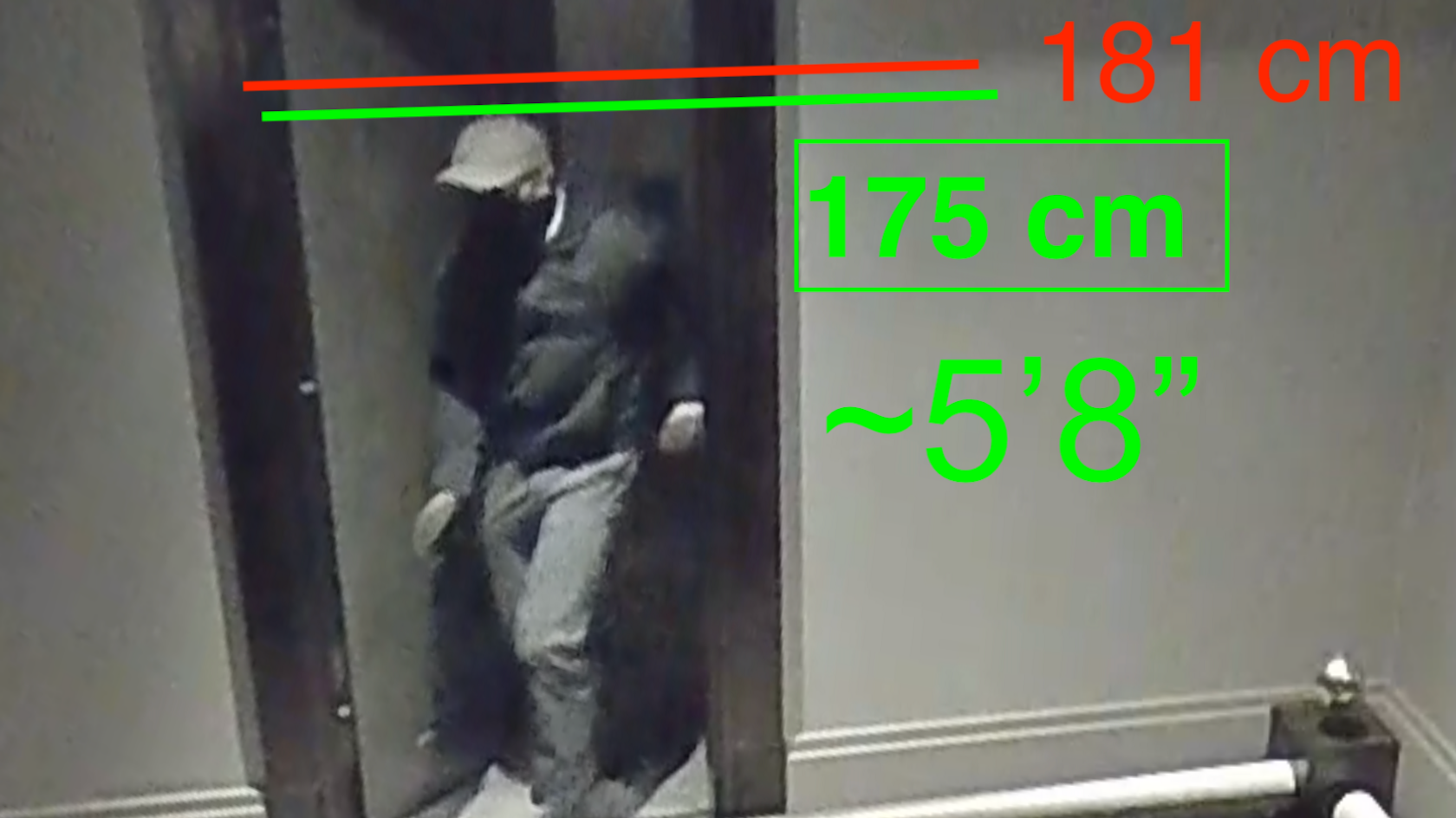 A CCTV image showing a man walking out of a doorway in a London mansion. superimposed on the image are lines that estimate his height at 175cm.