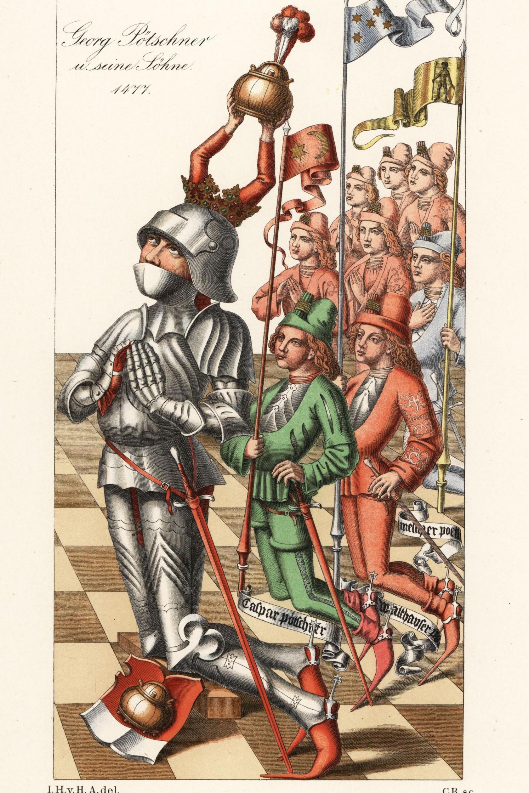 Georg Potschner in suit of armour with his sons, Caspar and Walthauser, 1477. A drawing of medieval knights in metal armour and long pointy shoes.