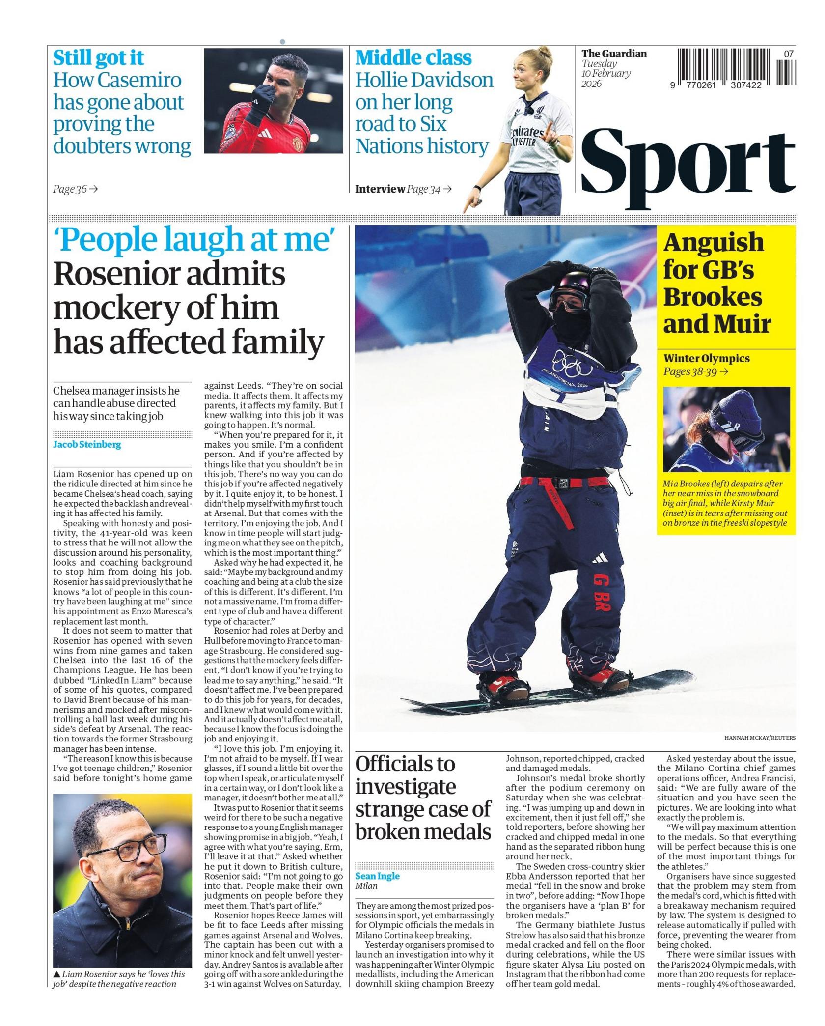 Back page of the Guardian with the lead headline "Rosenior admits mockery of him has affected family".