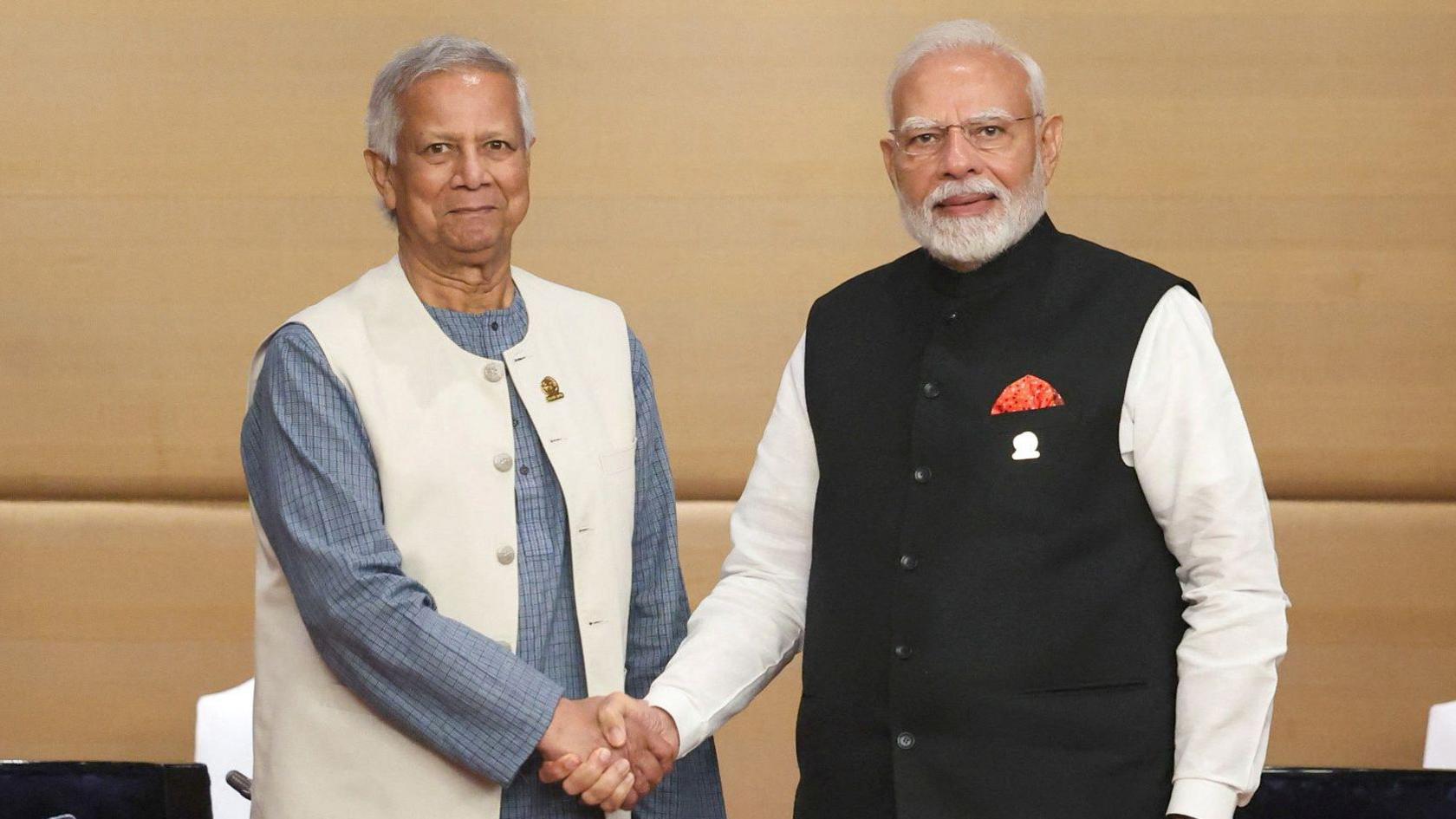 India's Prime Minister Narendra Modi meets Bangladesh's interim government head Muhammad Yunus in Bangkok, Thailand, April 4, 2025.
