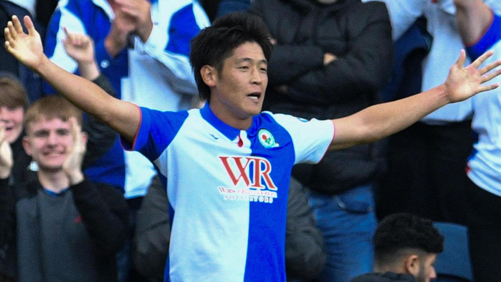 Yuki Ohashi of Blackburn Rovers celebrates scoring his team's third goal of the match to make the score 3-0 on14 Sep 2024