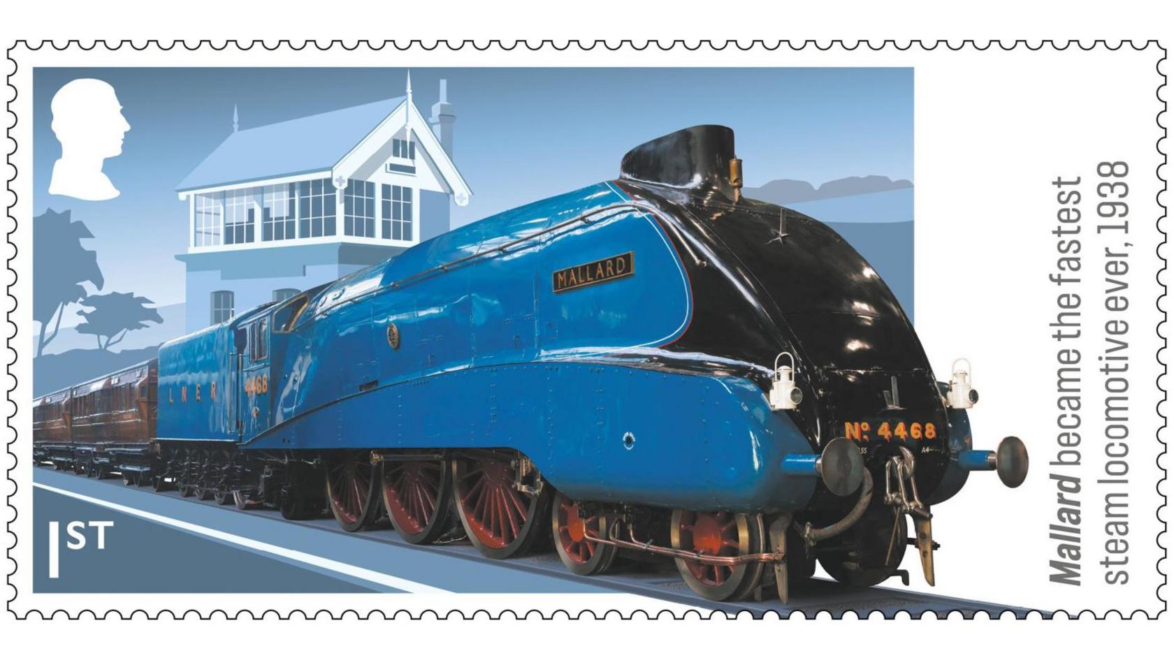 A first-class stamp depicts the blue and black metal Mallard. Text on the stamp reads: "Mallard became the fastest steam locomotive ever, 1938."