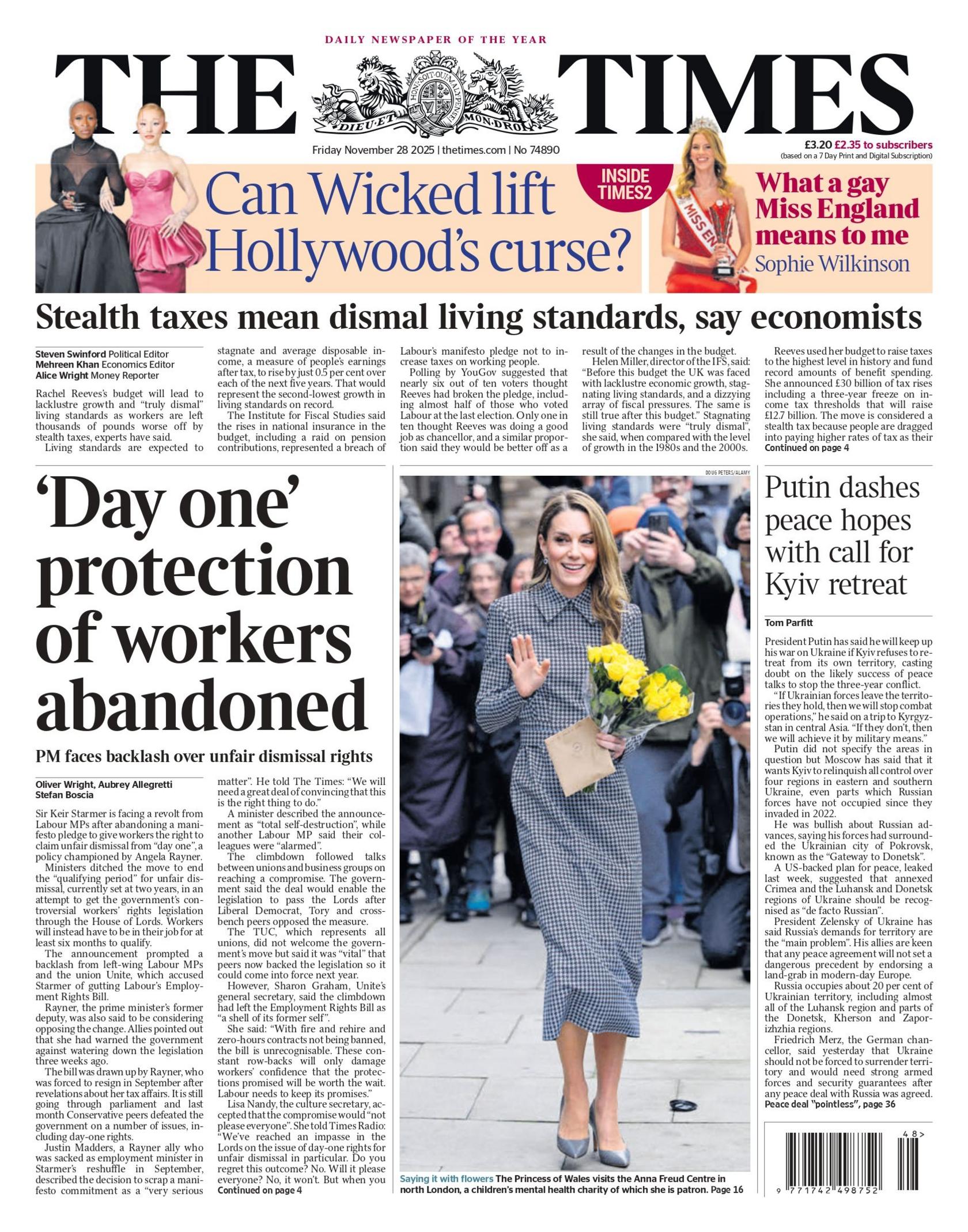 "'Day one' protection of workers abandoned: PM faces backlash over unfair dismissal rights," reads the headline on the front page of the Times