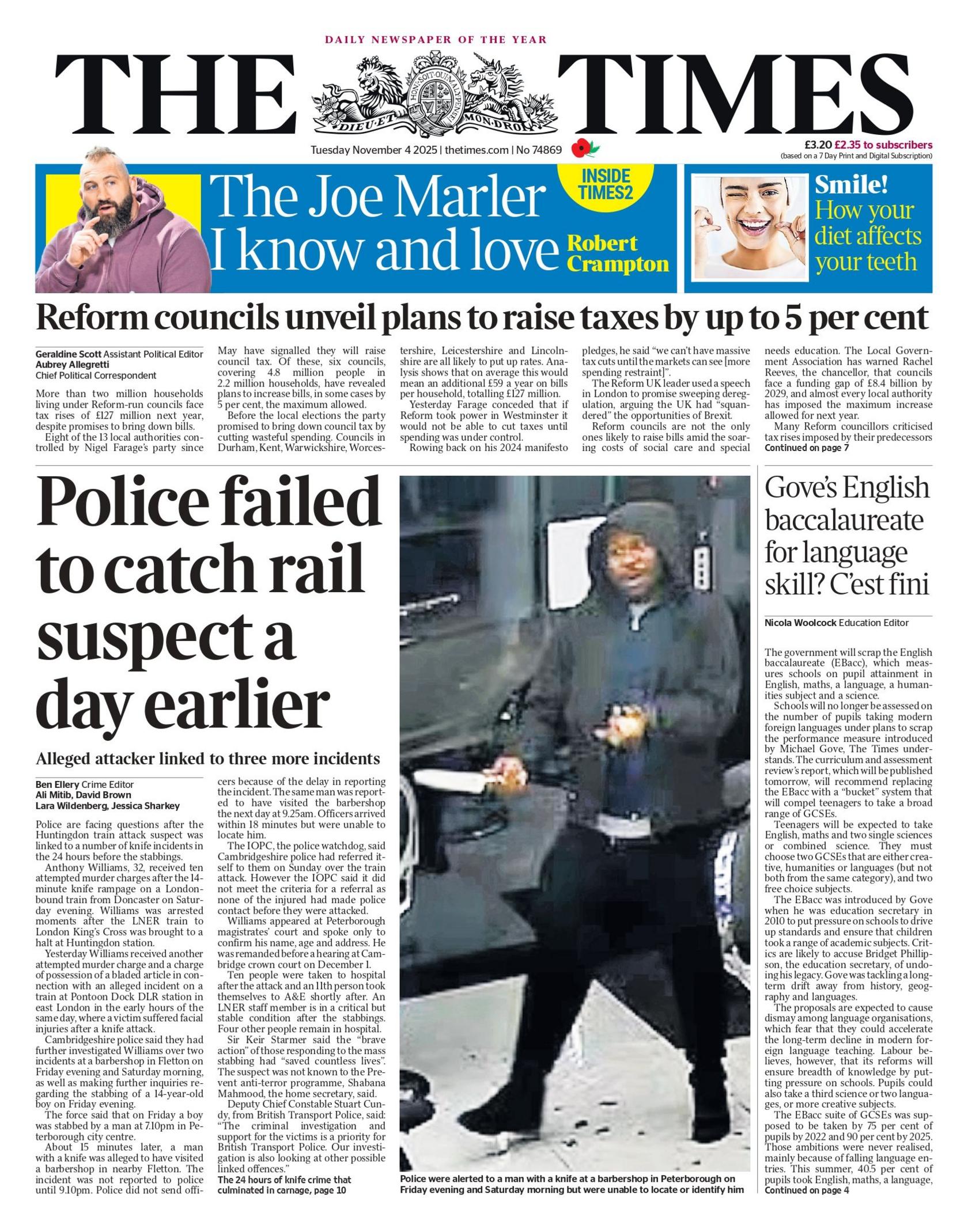 "Police failed to catch rail suspect a day earlier, alleged attacker linked to three more incidents," reads the headline on the front page of the Times