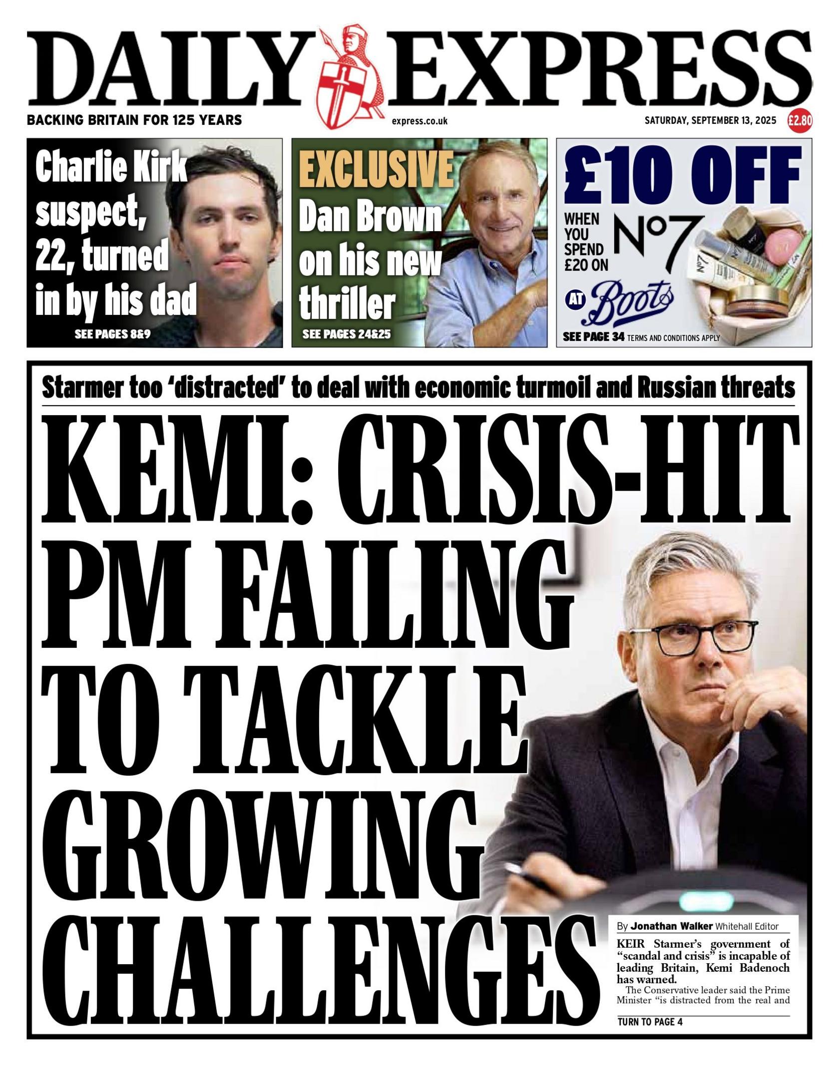 The headline on the front page of the Daily Express reads: "Kemi: Crisis-hit PM failing to tackle growing challenges".