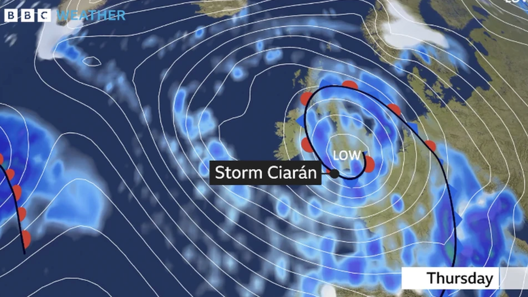 Meteorological chart showing Storm Ciarán and the isobars around it close together. Also shows areas of blue which indicate the rainfall expected across the UK and mainland Europe