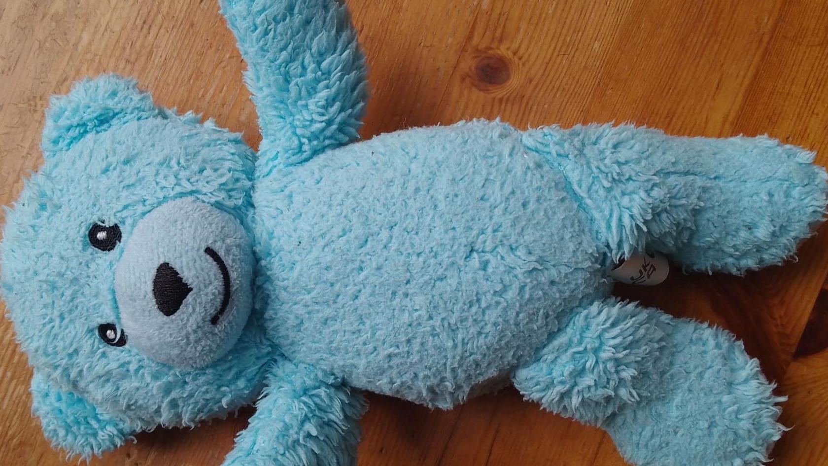 A blue teddy bear lies on a kitchen table 