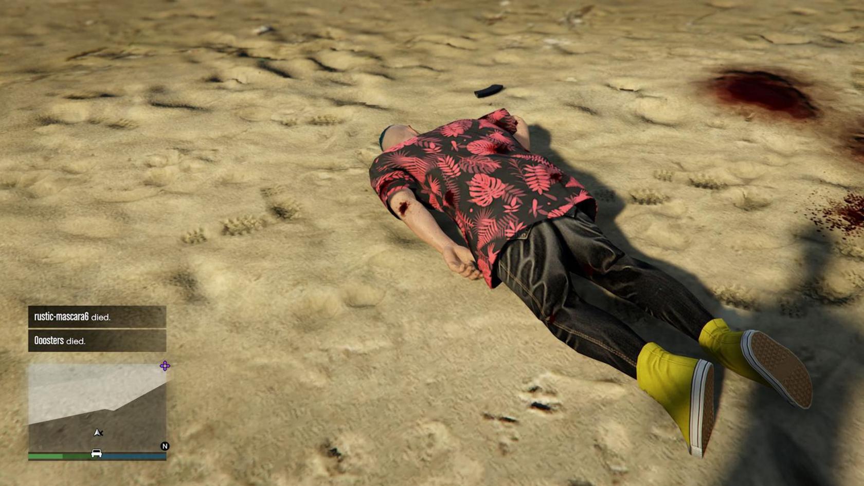 Crane's Avatar laying face-down, shot dead on a beach