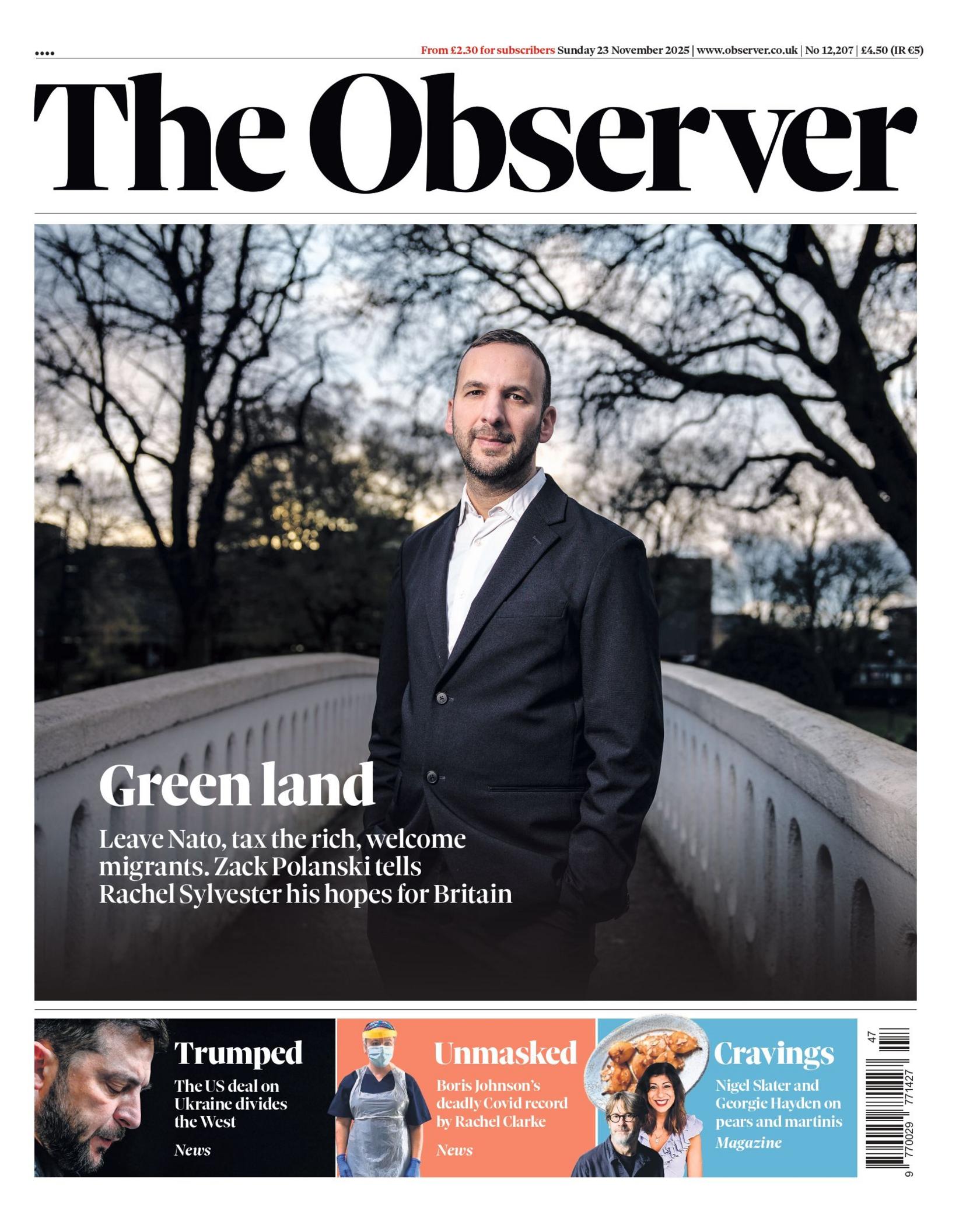 The headline on the front page of the Observer reads: "Green land". 