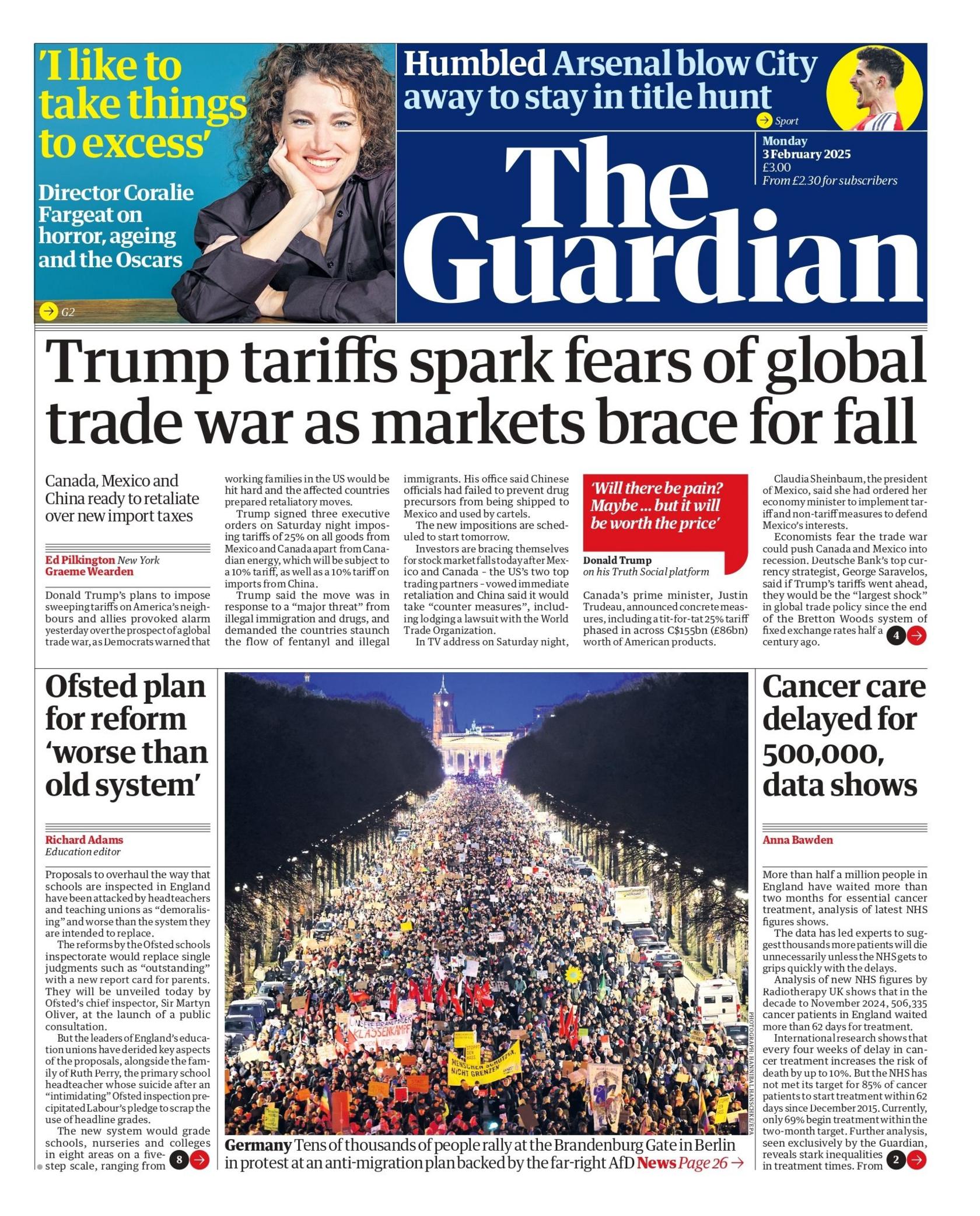 The headline on the front page of the Guardian reads: “Trump tariffs spark fears of global trade war".