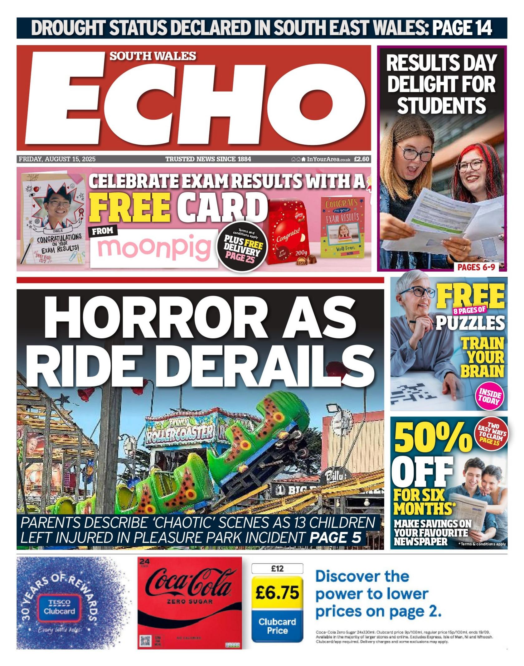 South Wales Echo front page, with the headline "Horror as ride derails" and the image of a green ride derailed at Coney Beach Pleasure Park. On the top right is the headline "Results day delight for students" with a picture of two young women celebrating as they look at their results. 