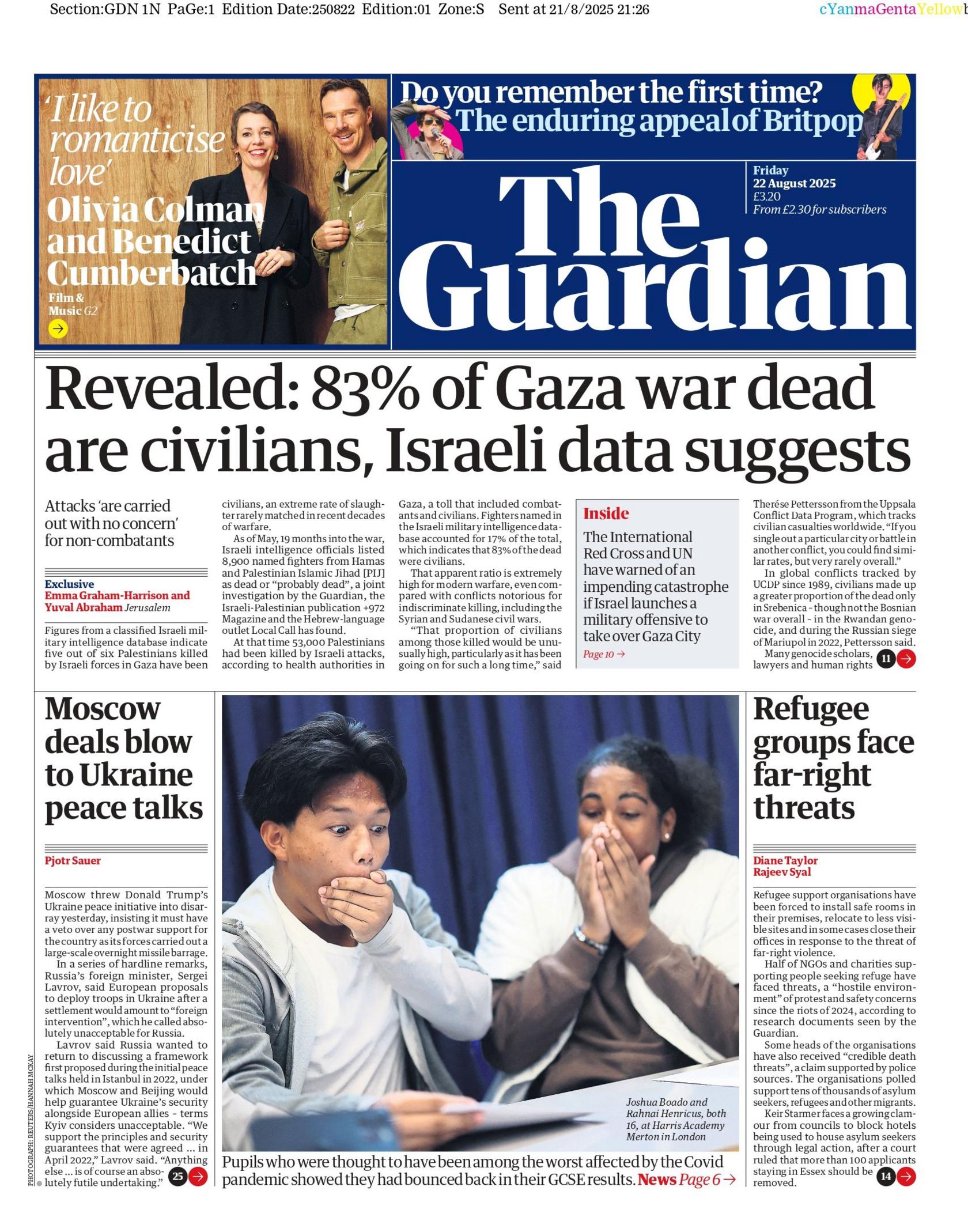 "Revealed: 83% of Gaza war dead are civilians, Israeli data suggests" reads the headline on the front page of The Guardian.